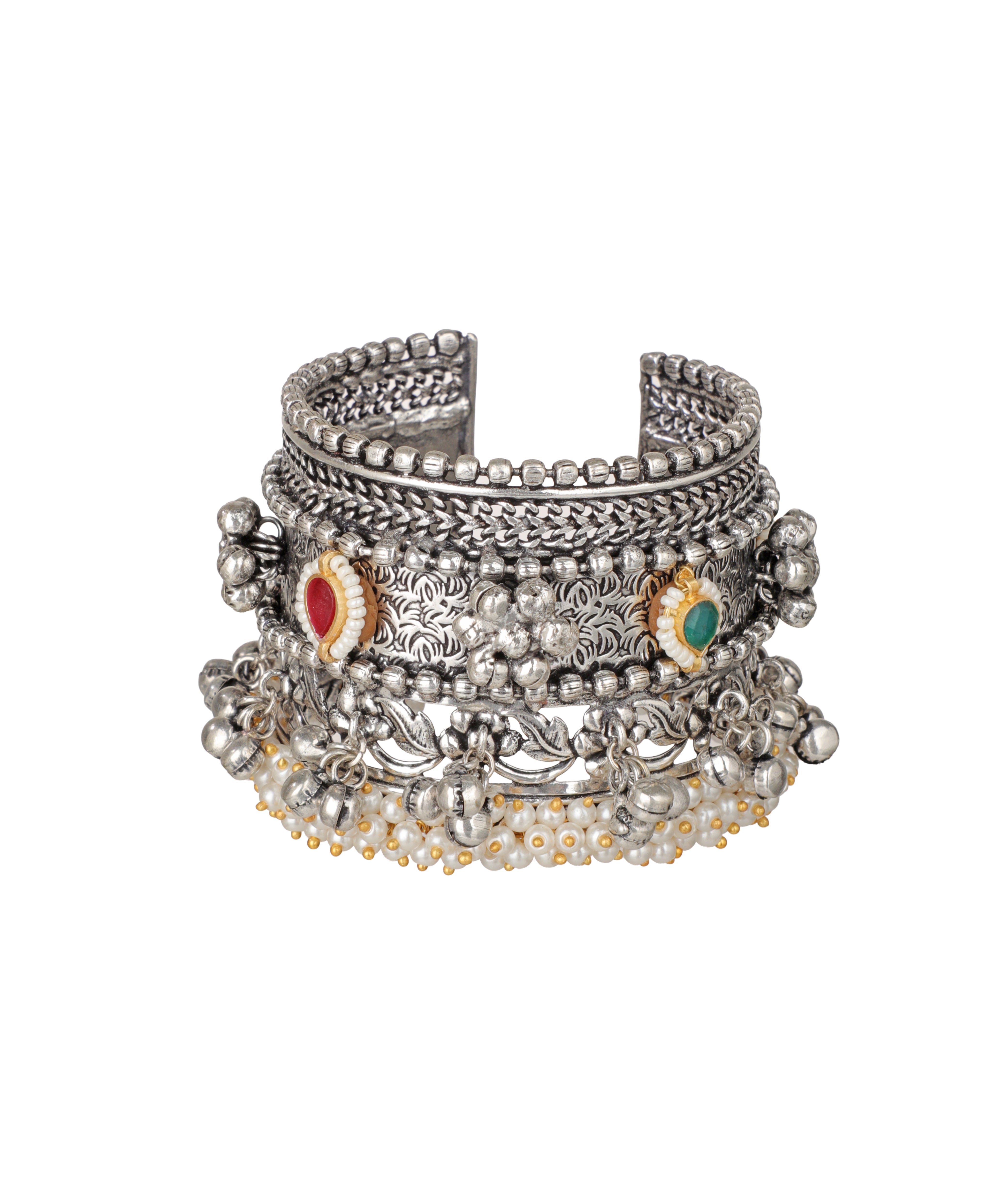 Oxidise cuff bracelet with floral engraving, red and green stones, and faux pearl drops