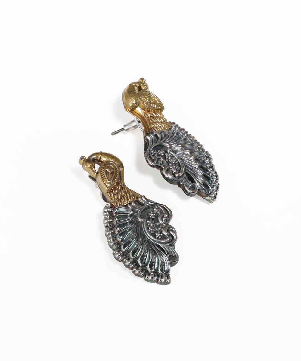 Dual-tone oxidized earrings with peacock motif and intricate fanned detail