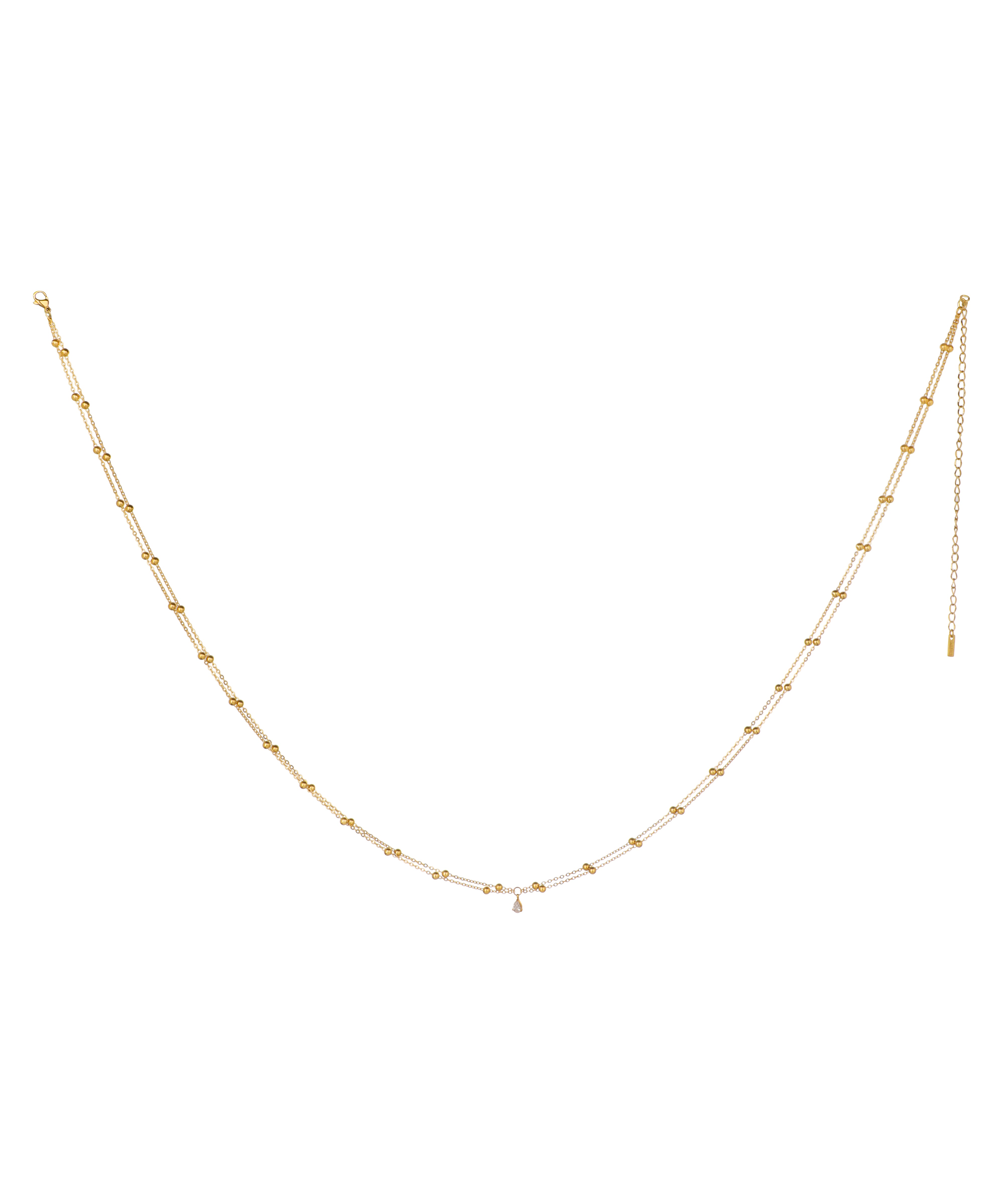 Gold-tone waist chain with double beaded layers and a single tear-drop CZ stone drop