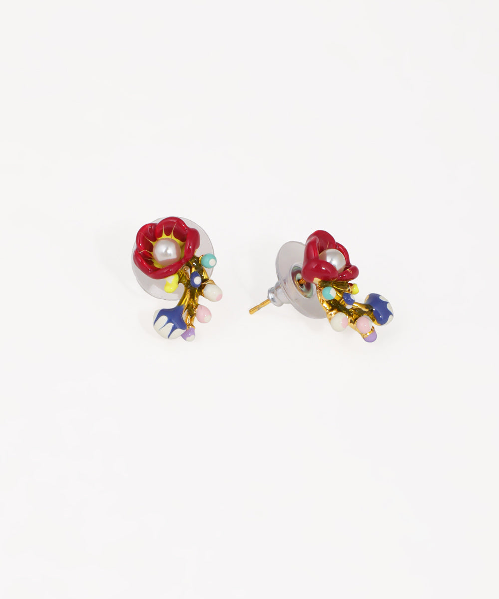 Gold-tone stud earrings with red enamel flower, faux pearl, and multi-color enamel drops