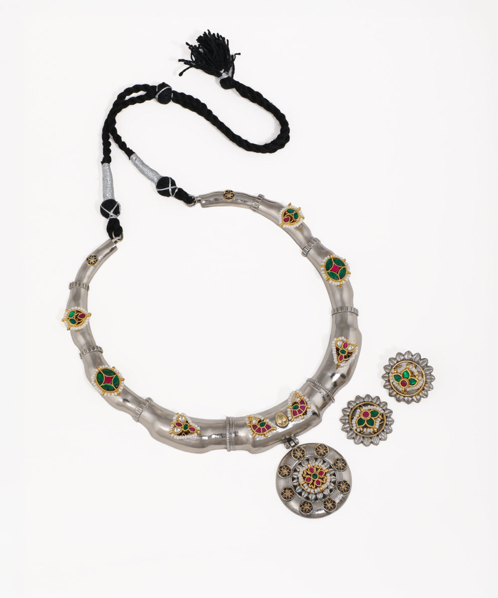 Oxidise Necklace with Earrings with green and red stones and faux pearls on a choker band