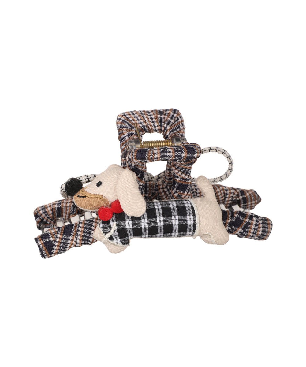 Plaid fabric claw clip with a dachshund dog figure and red bow tie
