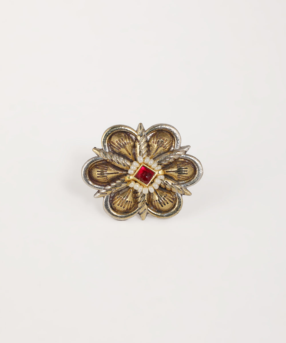 Oxidised and gold-tone ring with floral design, red glass crystal, and faux pearls