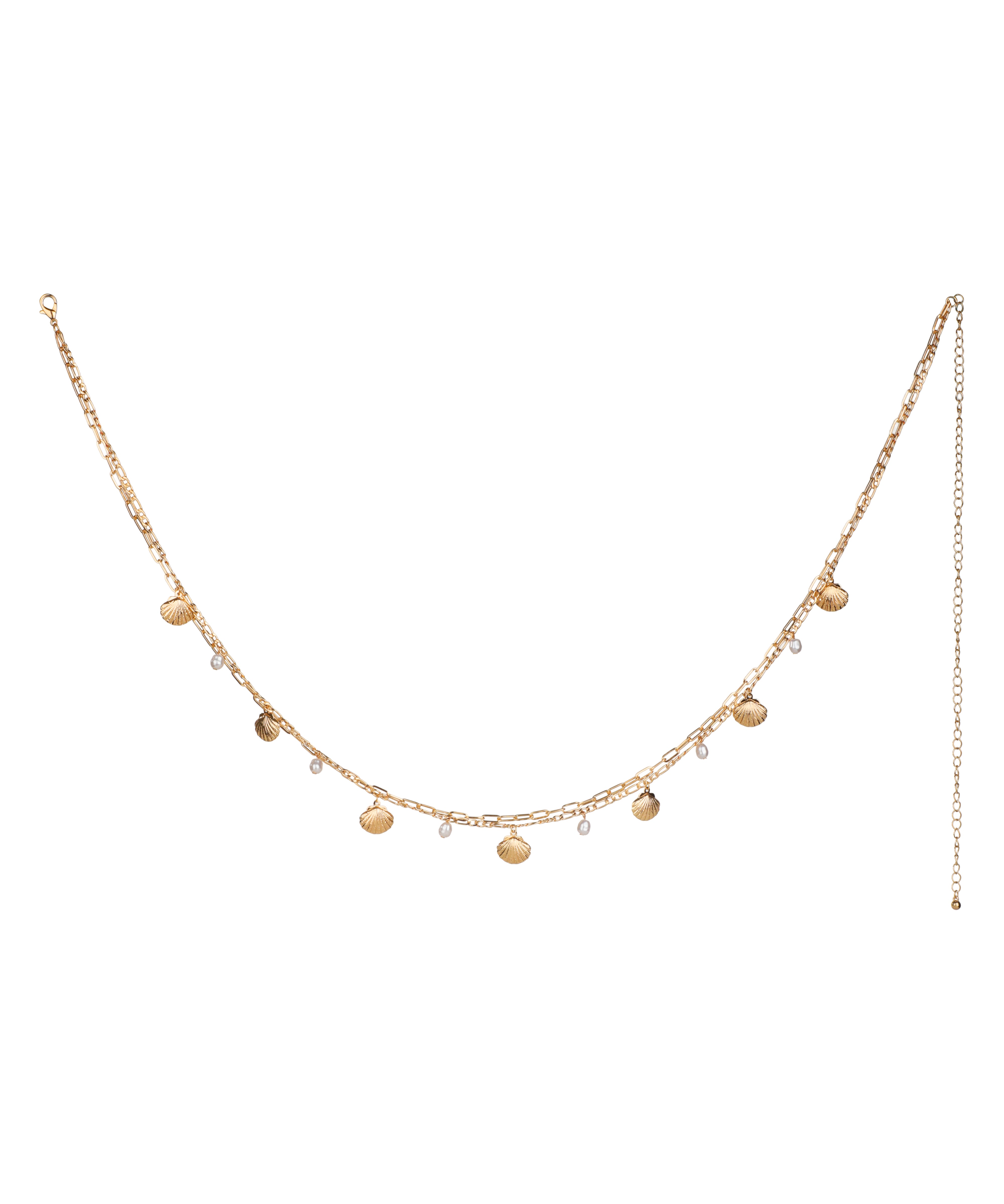 Gold-tone waist chain with small shell charms and white faux pearls
