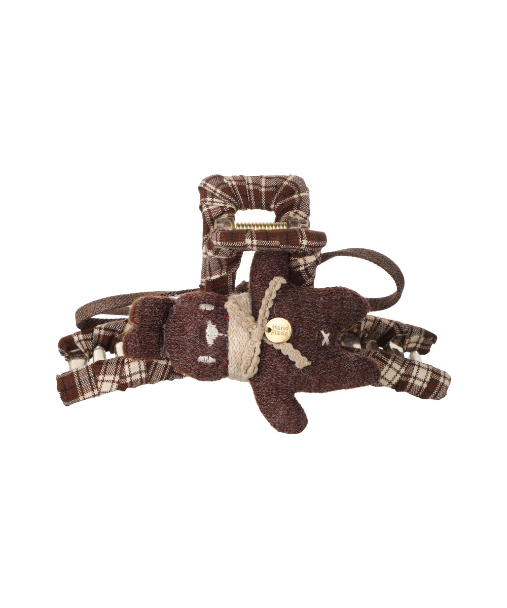 Brown plaid claw clip with attached plush teddy bear and a handmade charm detail
