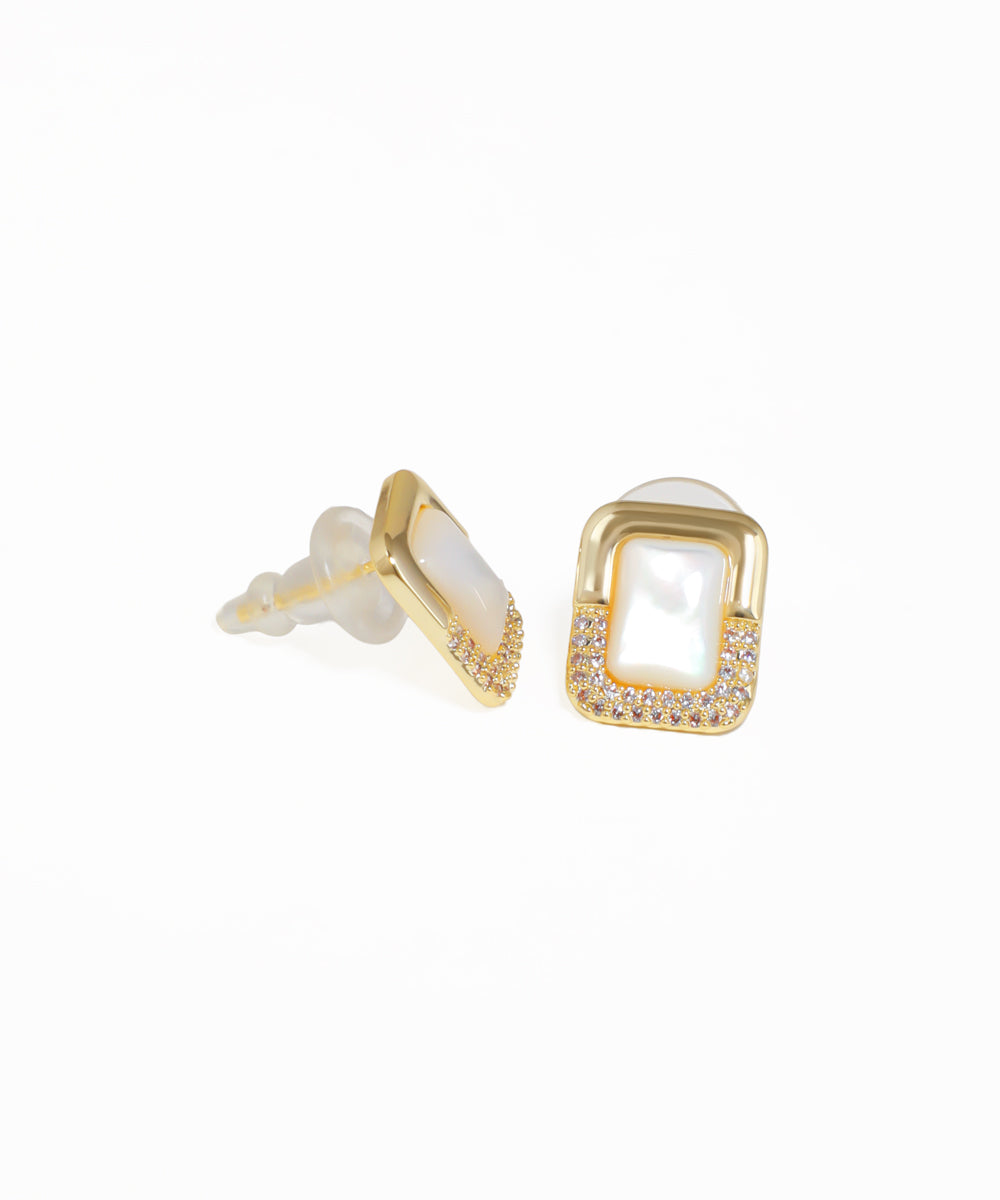 Gold-tone stud earring with rectangular faux mother of pearl inlay and clear stone accents