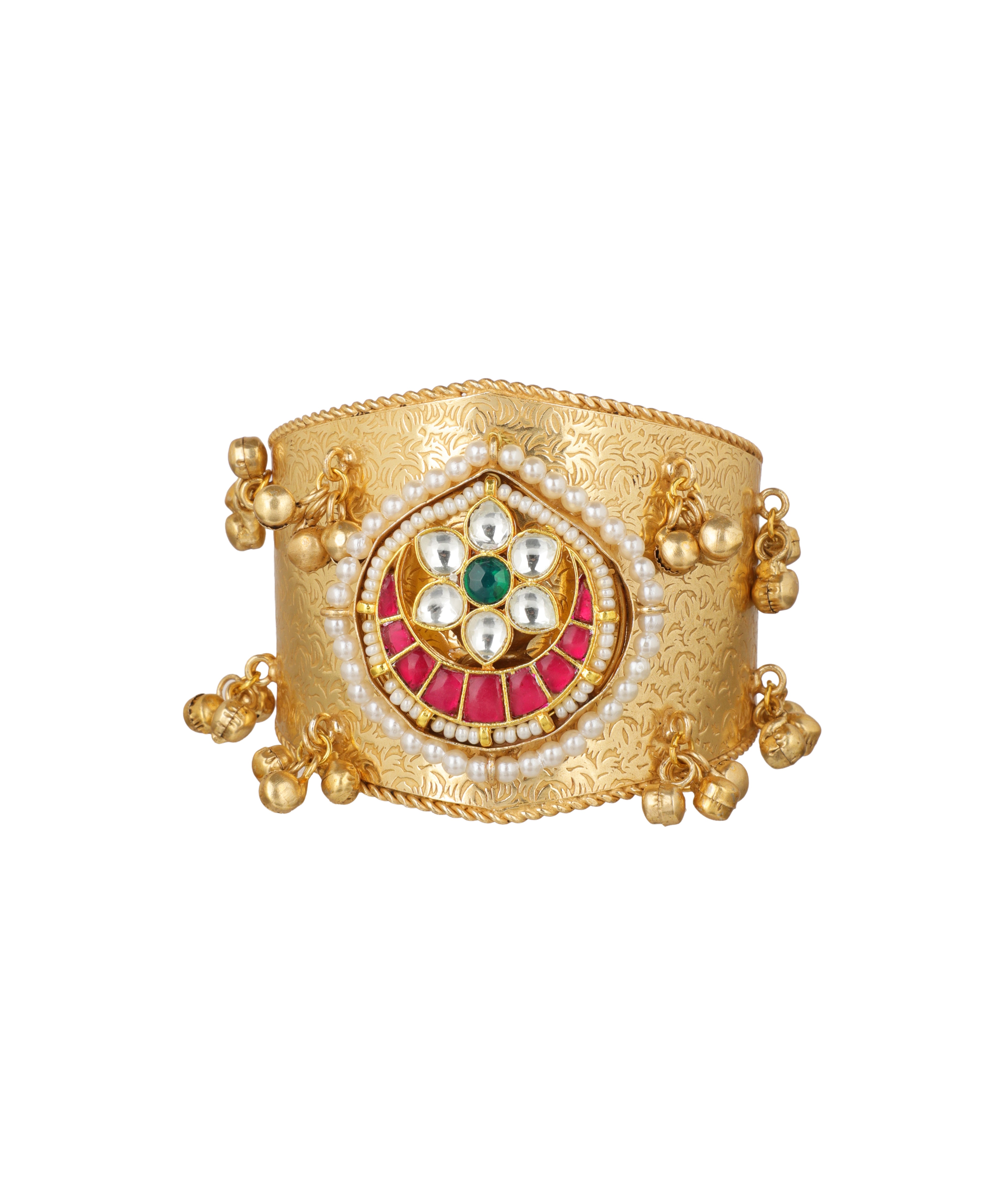 Gold-tone oxidise cuff bracelet with central floral motif, green, clear, red stones and faux pearls