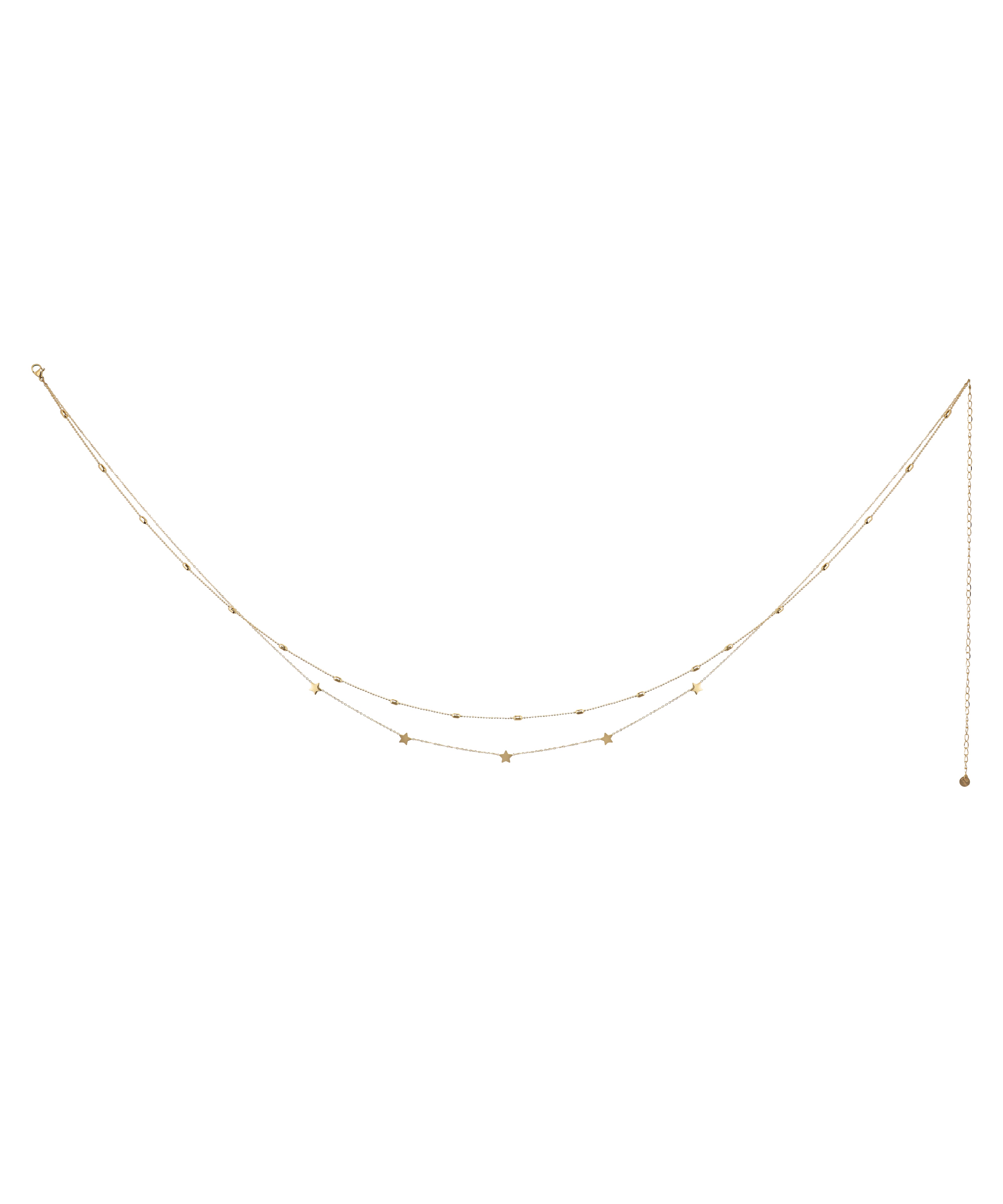 Gold-tone layered waist chain with small star charms and round beads on a delicate chain