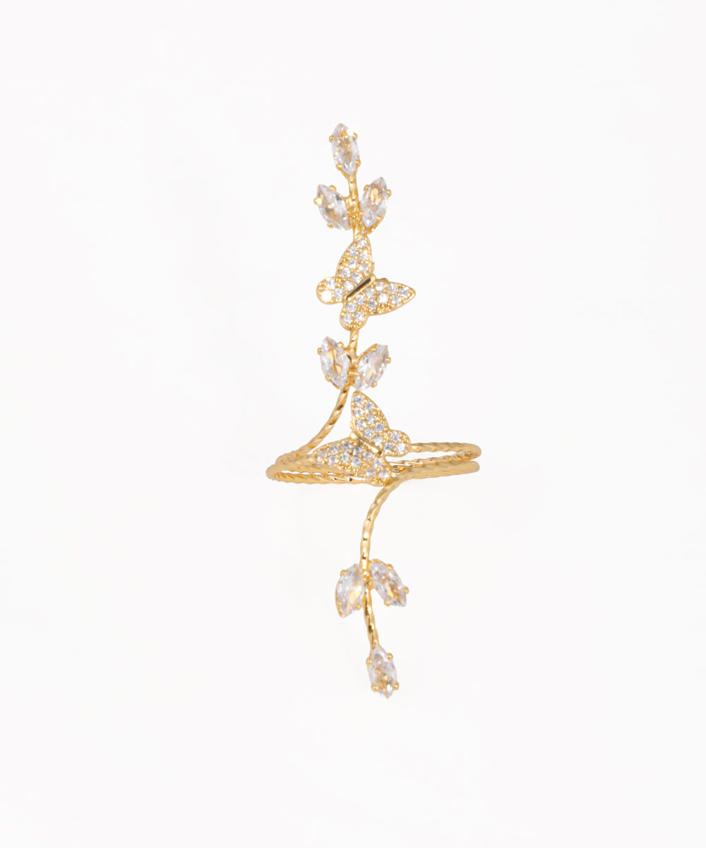 Gold-tone full-finger ring with sparkling butterfly and vine design.