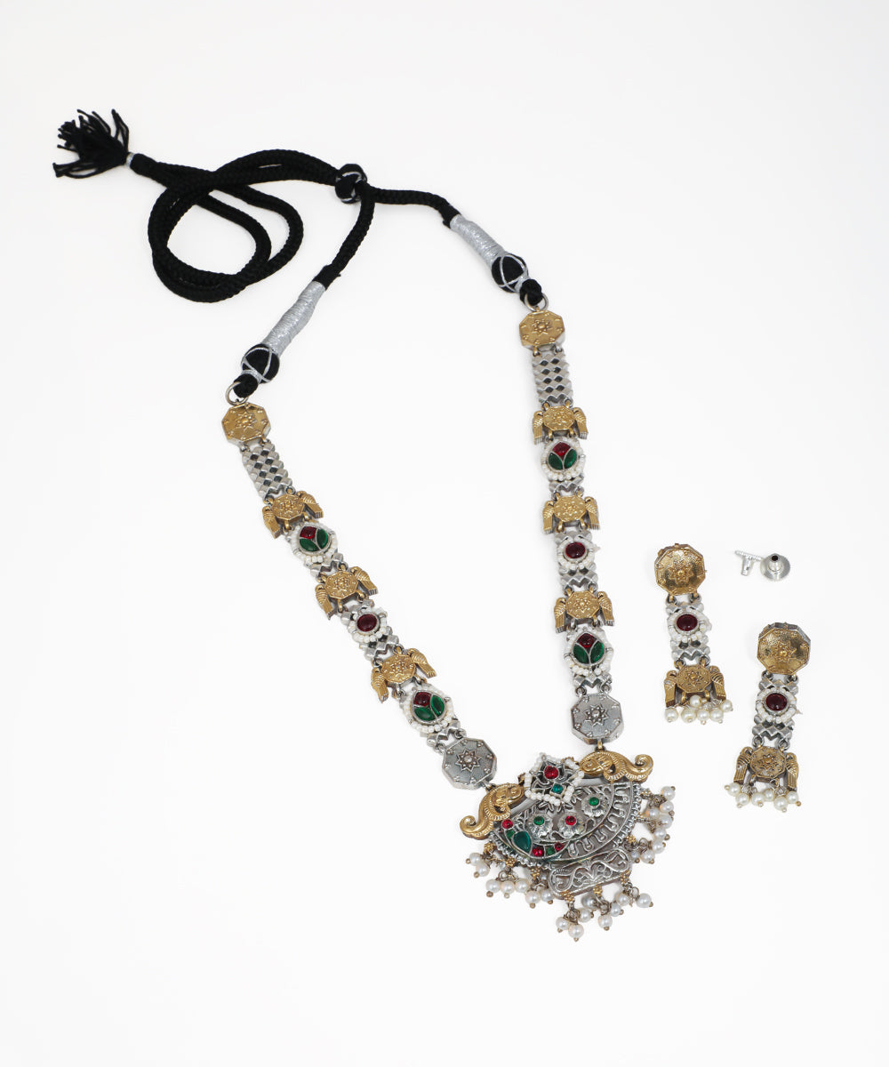 Oxidized silver-tone and gold-tone necklace set with elephant motifs, red and green stones, and faux pearls