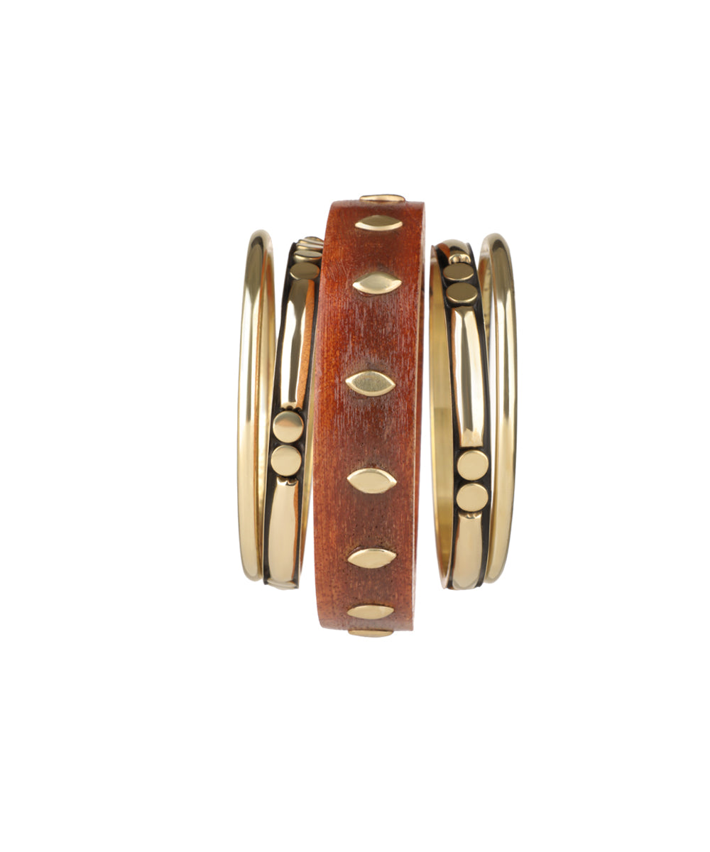 Gold-tone and wood stacked bangle set with patterned details