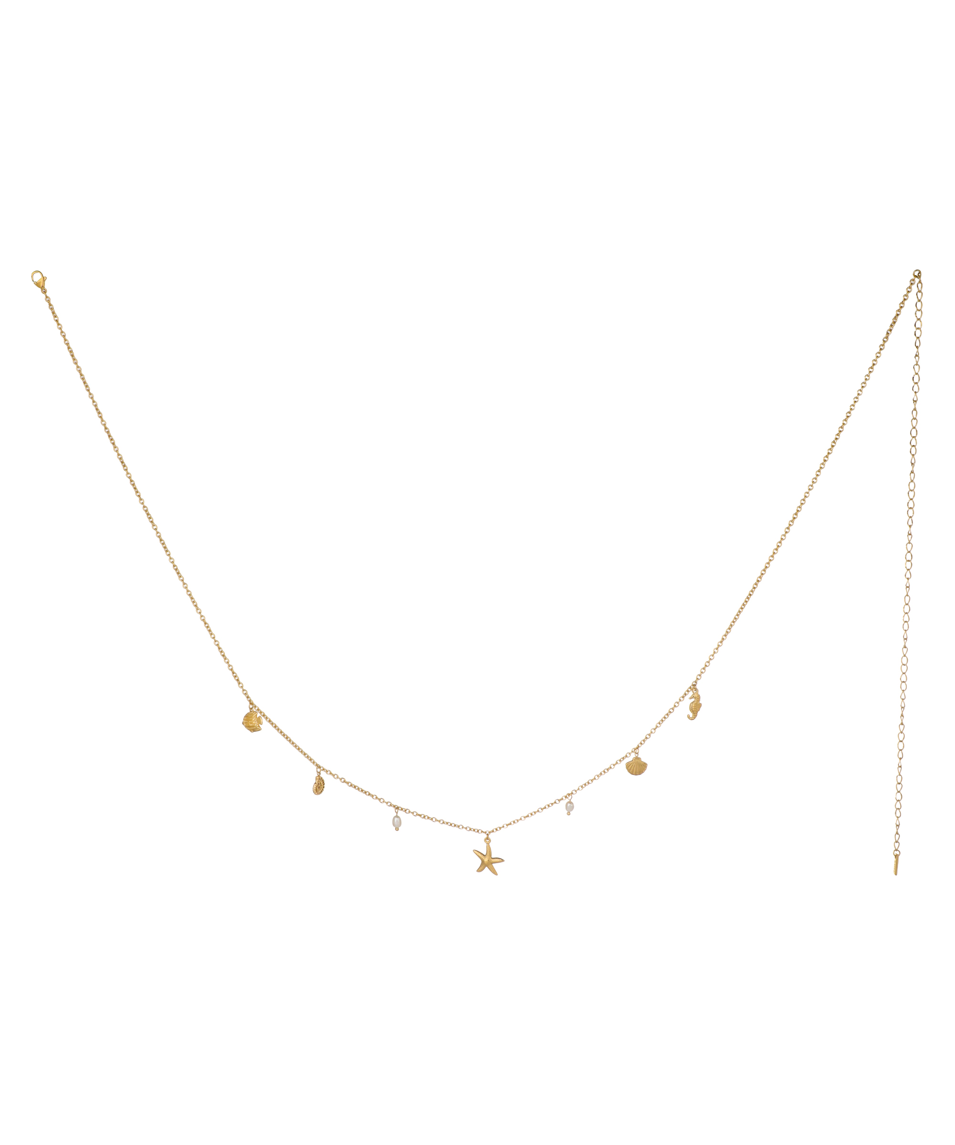 Gold-tone waist chain with seashell, starfish, seahorse, and faux pearl charms