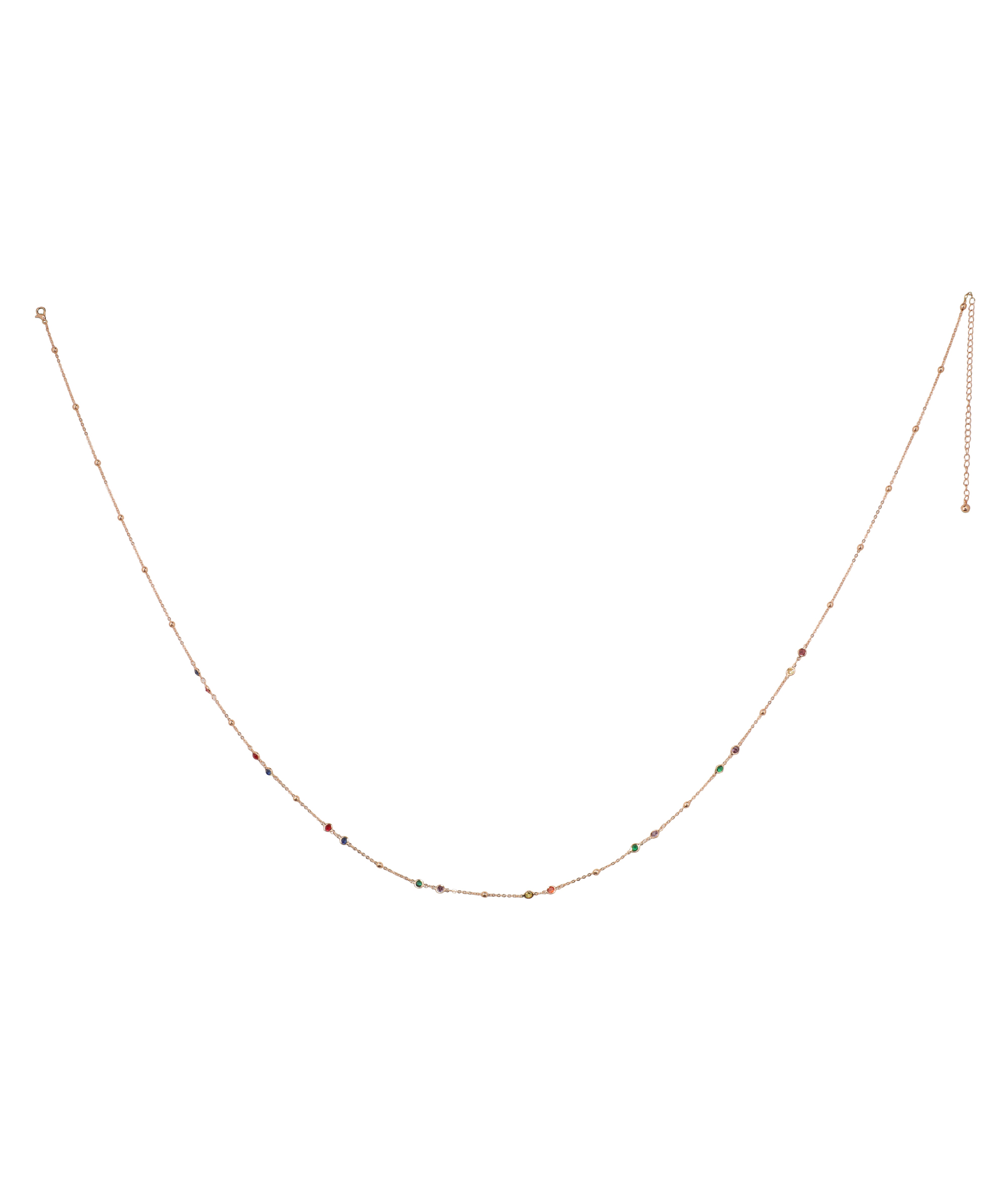 Rose-gold-tone delicate waist chain with colorful glass crystals and small metallic beads