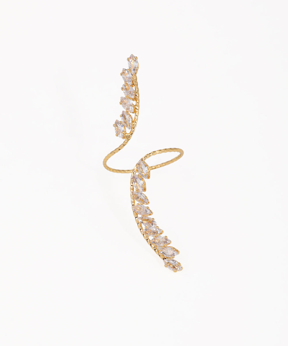 Gold-tone open ring with marquise cut stones in a leaf motif and textured band