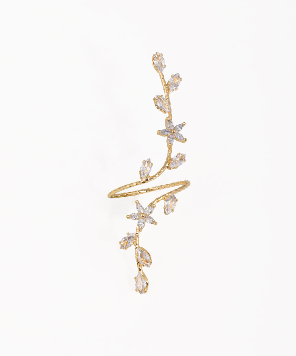Gold-tone ring with clear marquise and floral cubic zirconia accents in a twisted vine design.