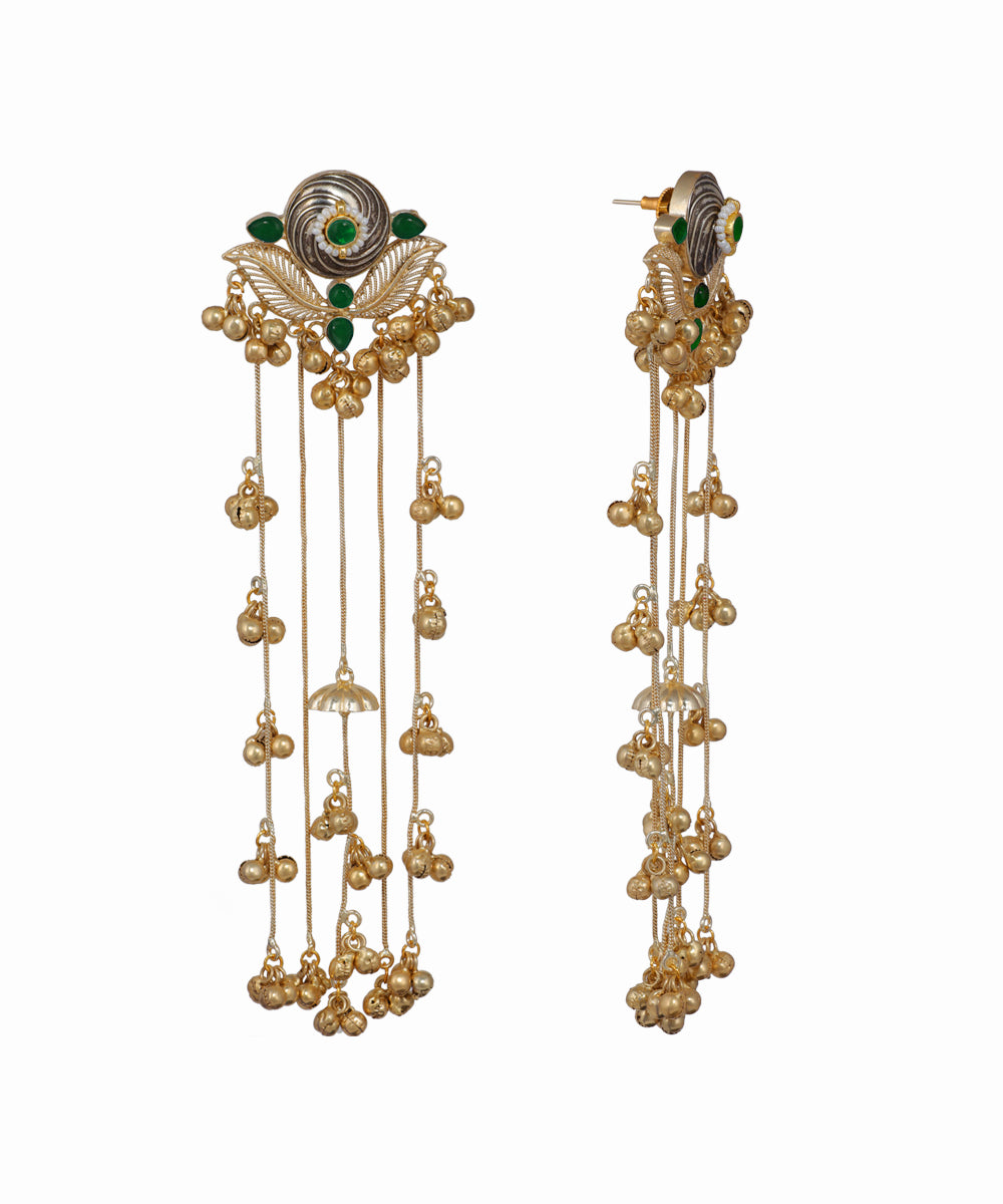Gold-tone and silver-tone Kashmiri jhumka earrings with green stones and ghungroo chain drops