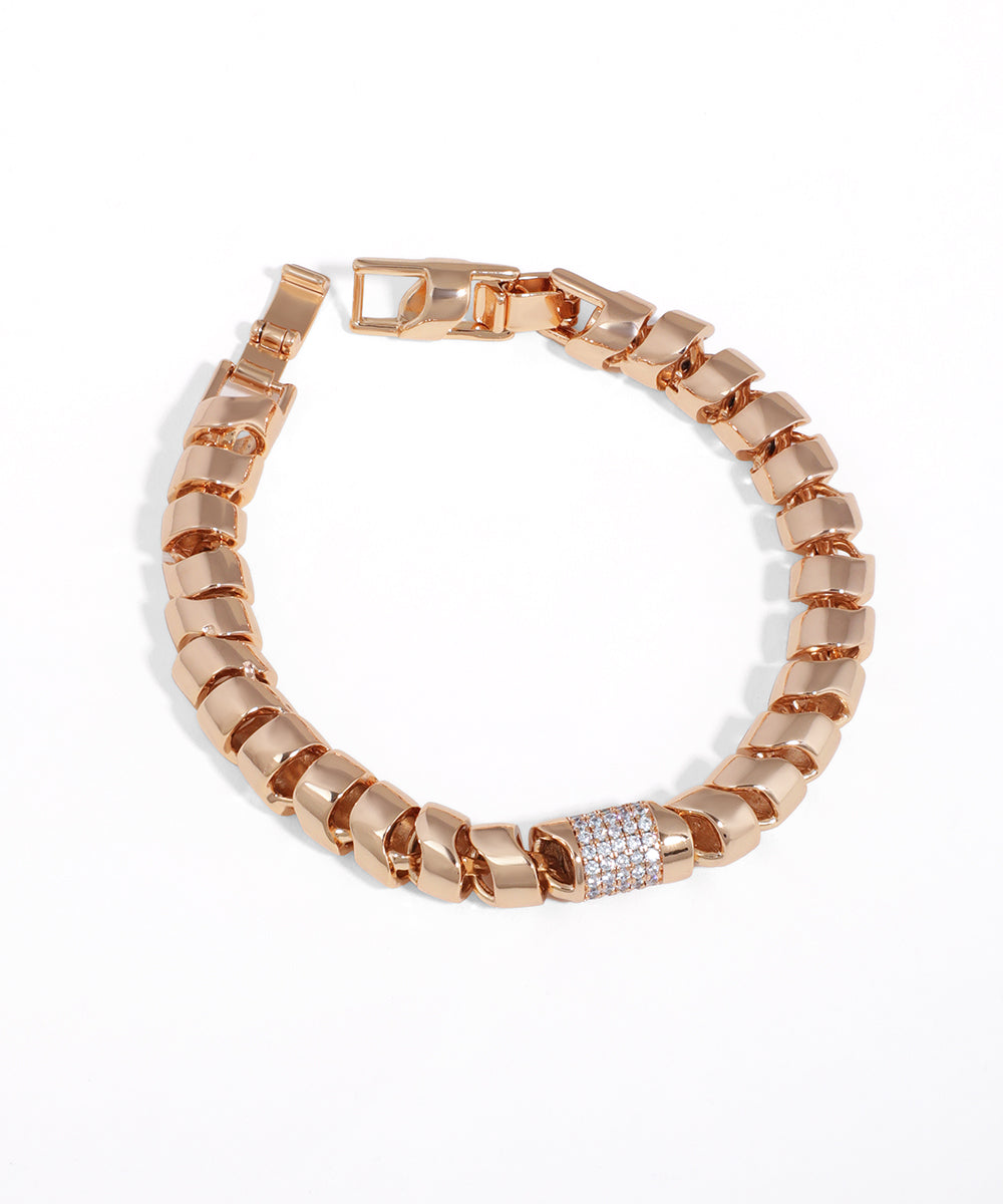 Rose-gold-tone bracelet with curved links and a sparkling cubic zirconia stone-studded segment