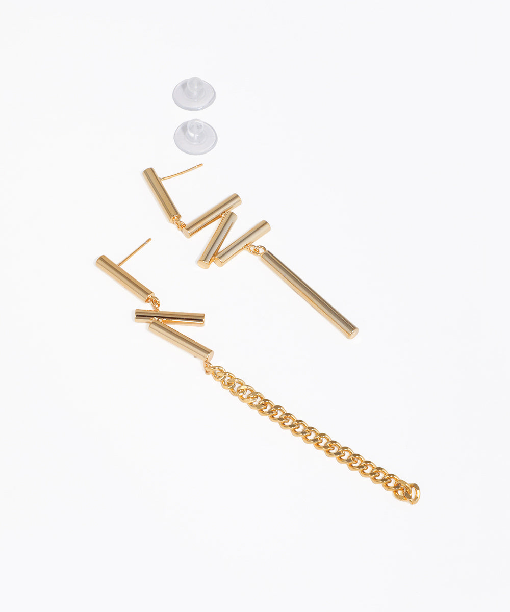 Gold-tone earring with asymmetric geometric bars and a chain drop