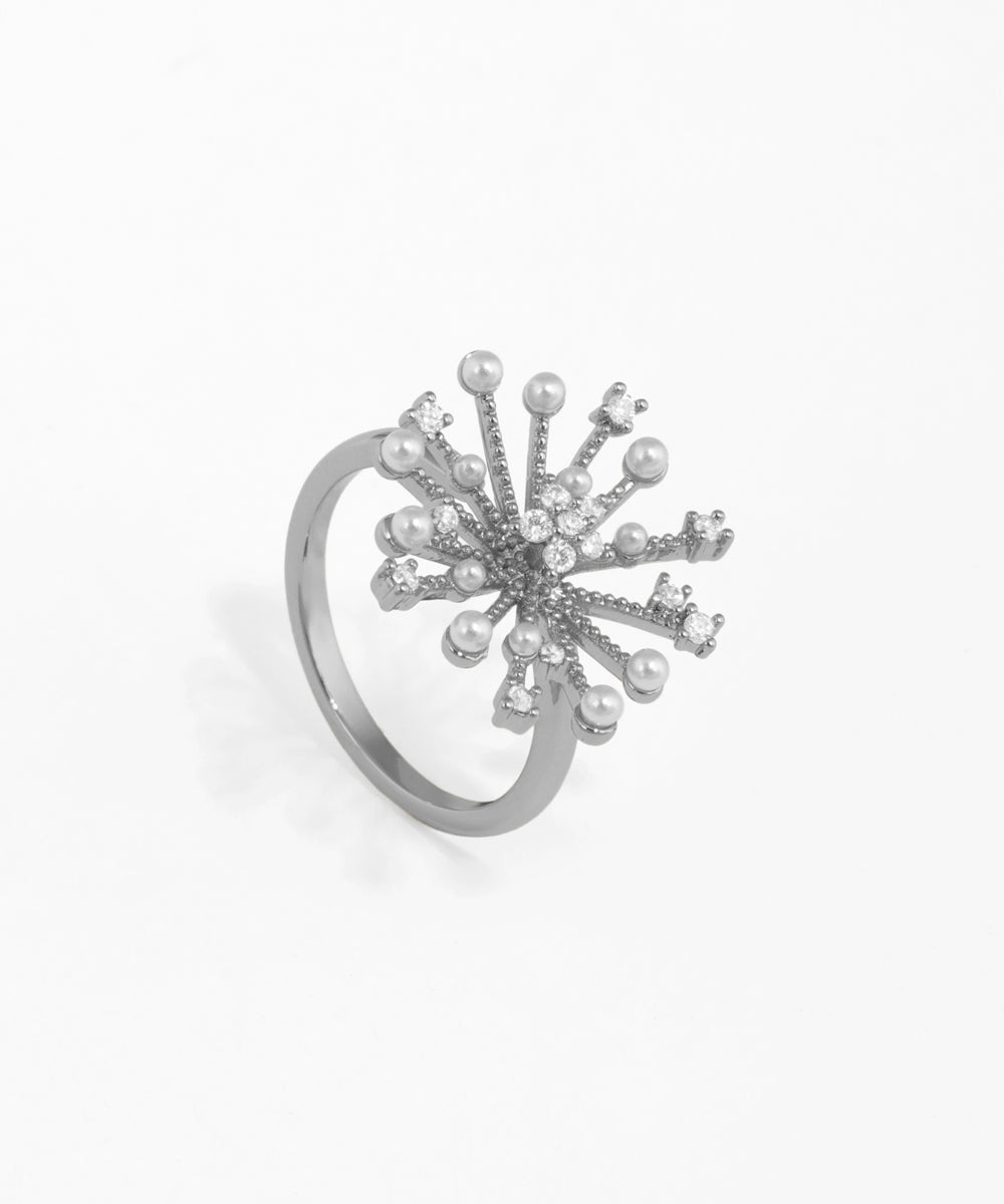 Silver ring with pearl-like stones on a white background