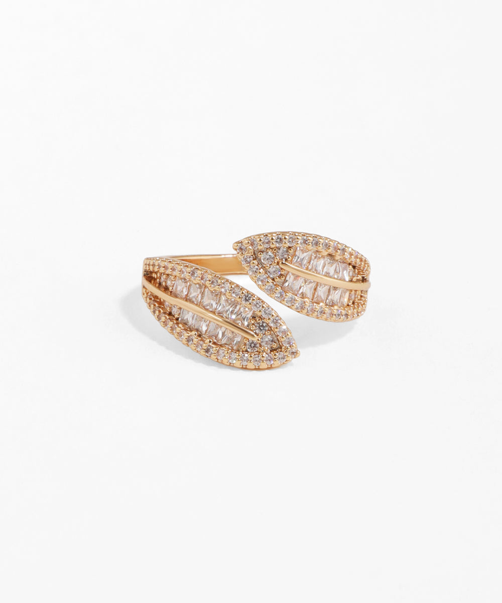 Rose gold ring with diamond accents on a white background