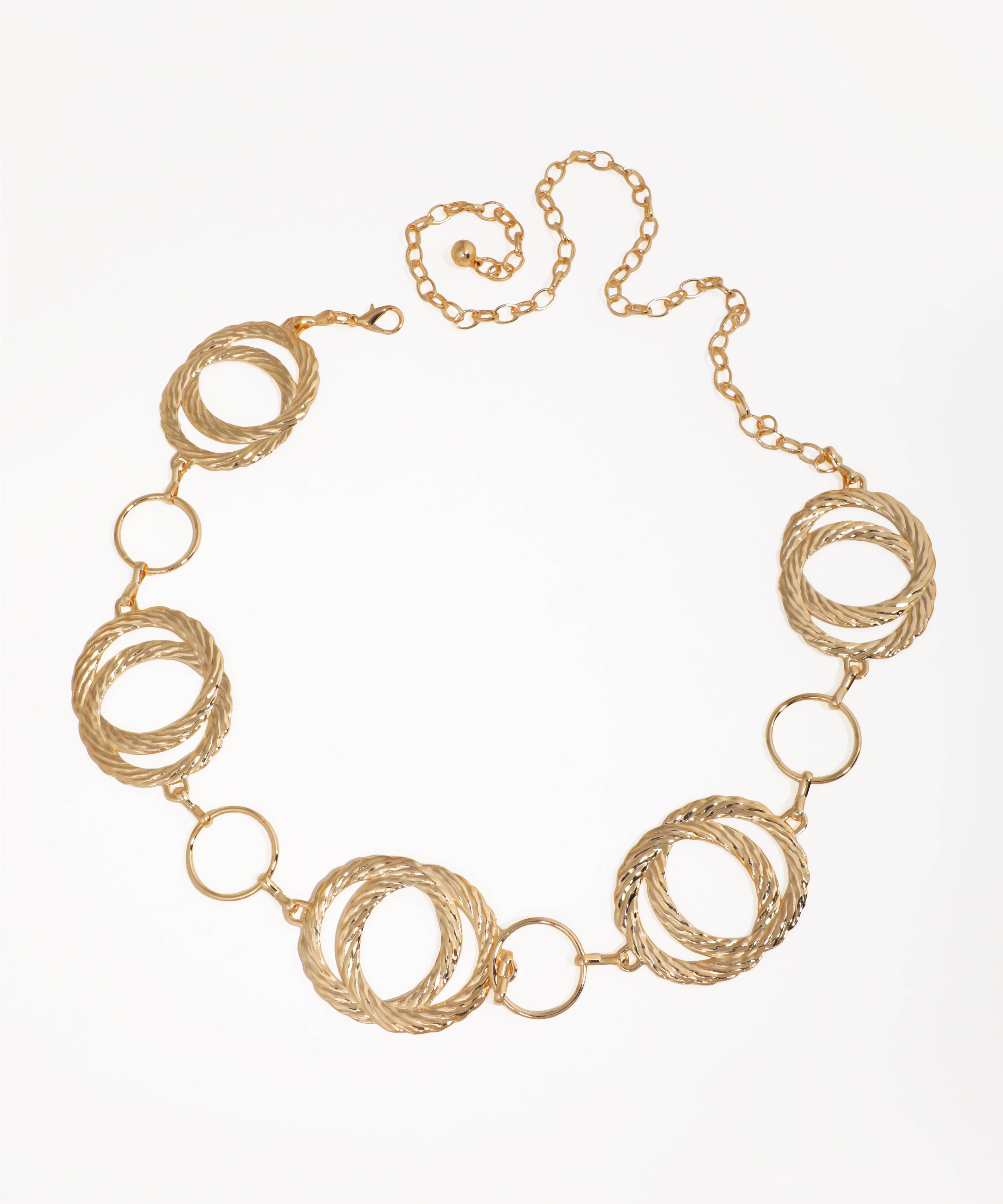 Gold-tone waist chain with large interlocked textured circles and small plain linking rings