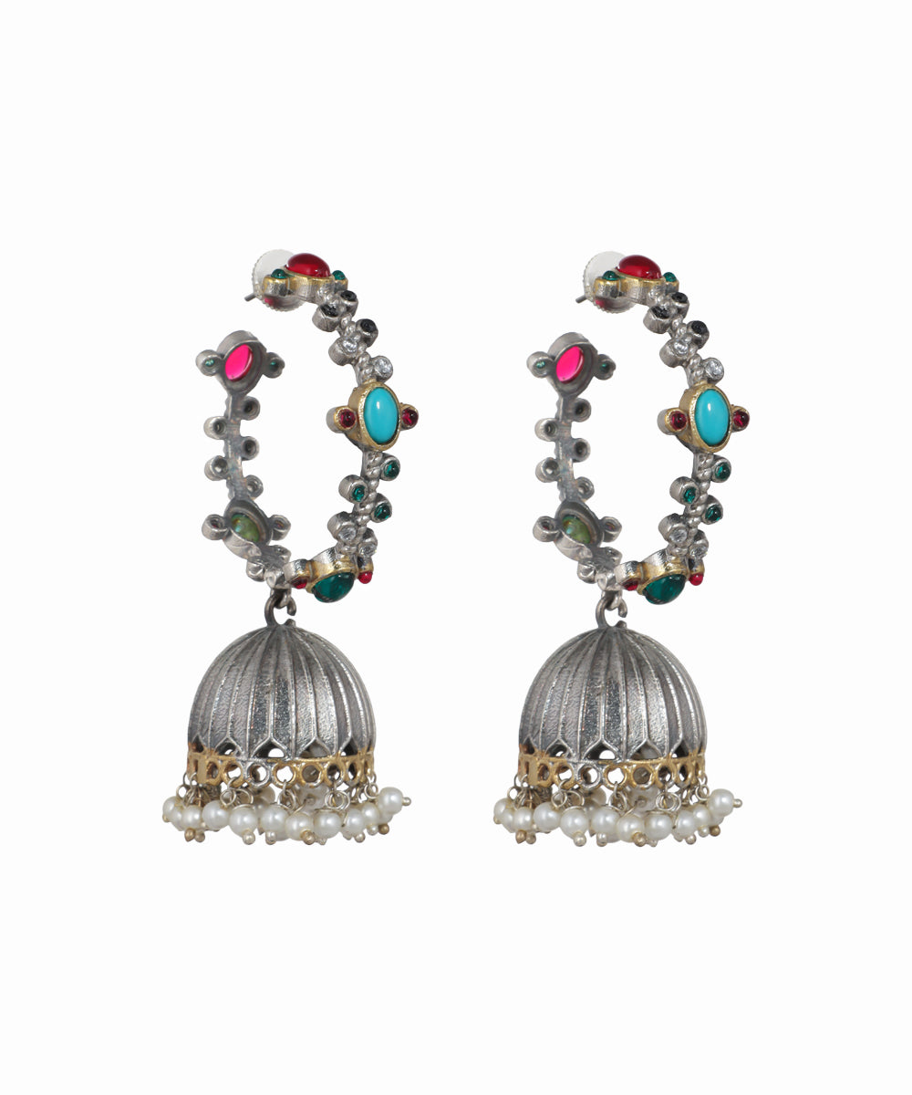 Oxidised hoop earrings with colorful glass stones and faux pearl jhumka drops