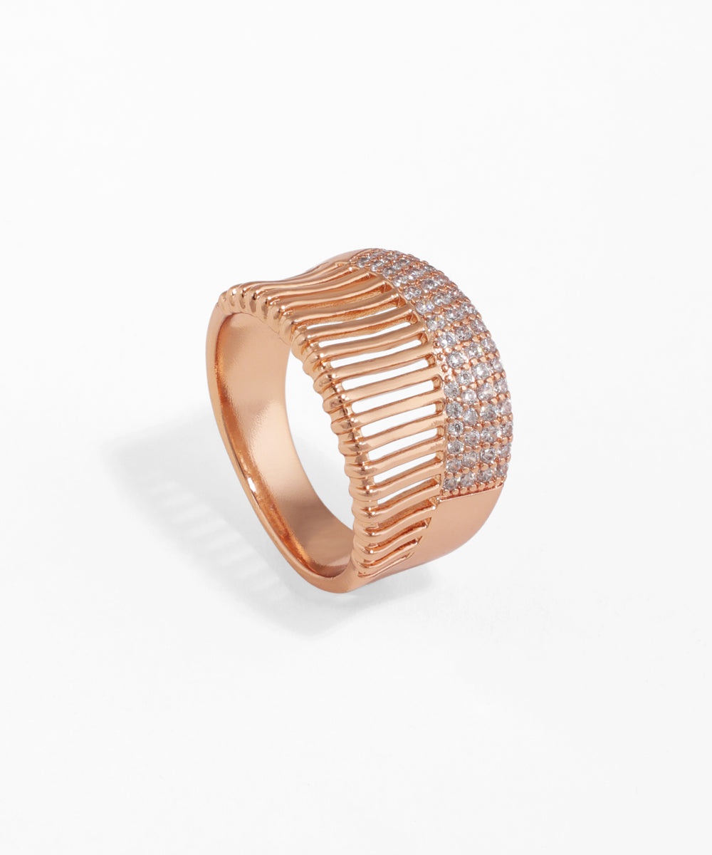 Rose-gold-tone ring with half slatted texture and half pave-set CZ stones