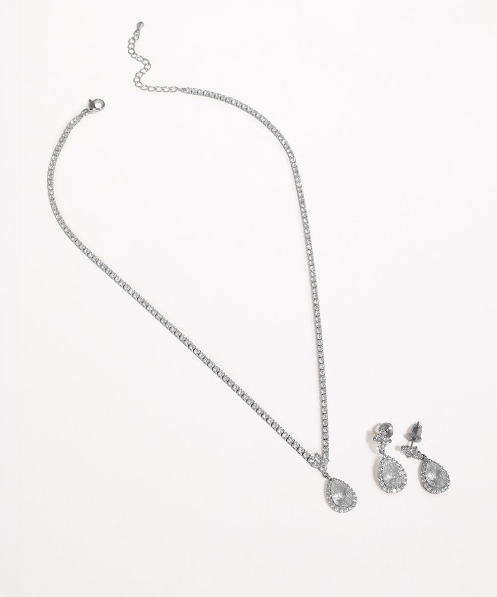 Rhodium finish necklace set with sparkling clear stone chain and teardrop CZ pendants and earrings