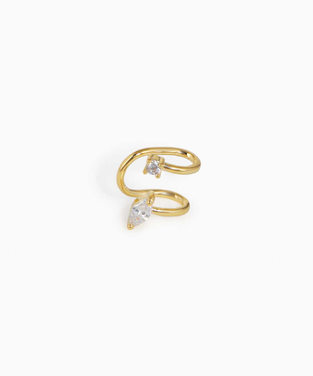 Gold-tone ear cuff earring with curved design and two clear stones
