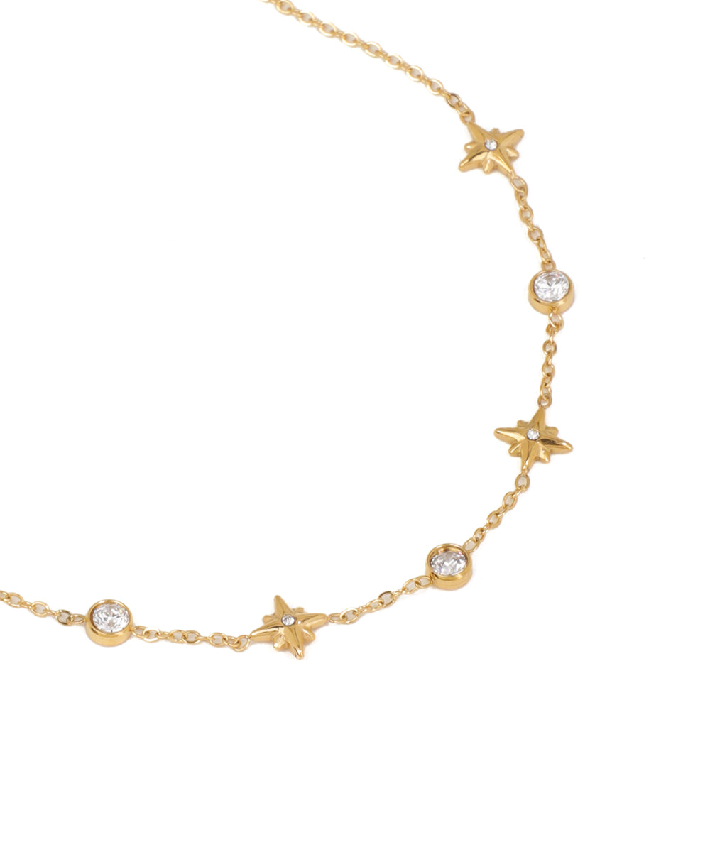 Gold necklace with star-shaped pendants on a white background