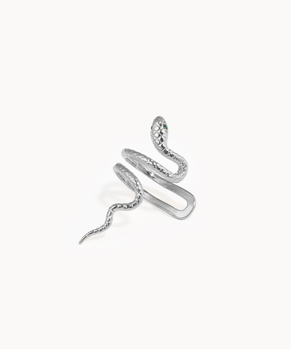 Silver snake-shaped earring on a white background