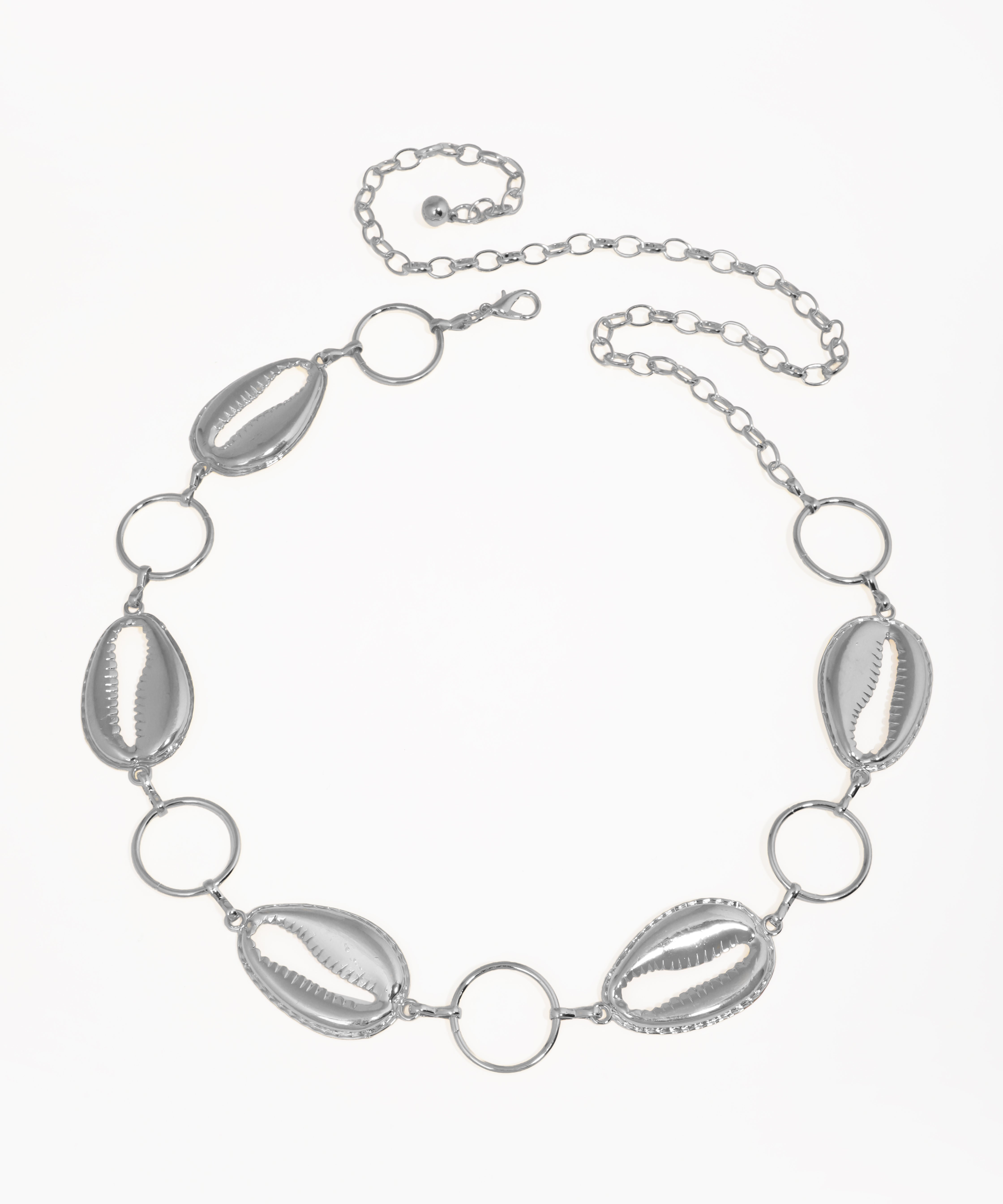 Silver necklace with shell-like links on a white background