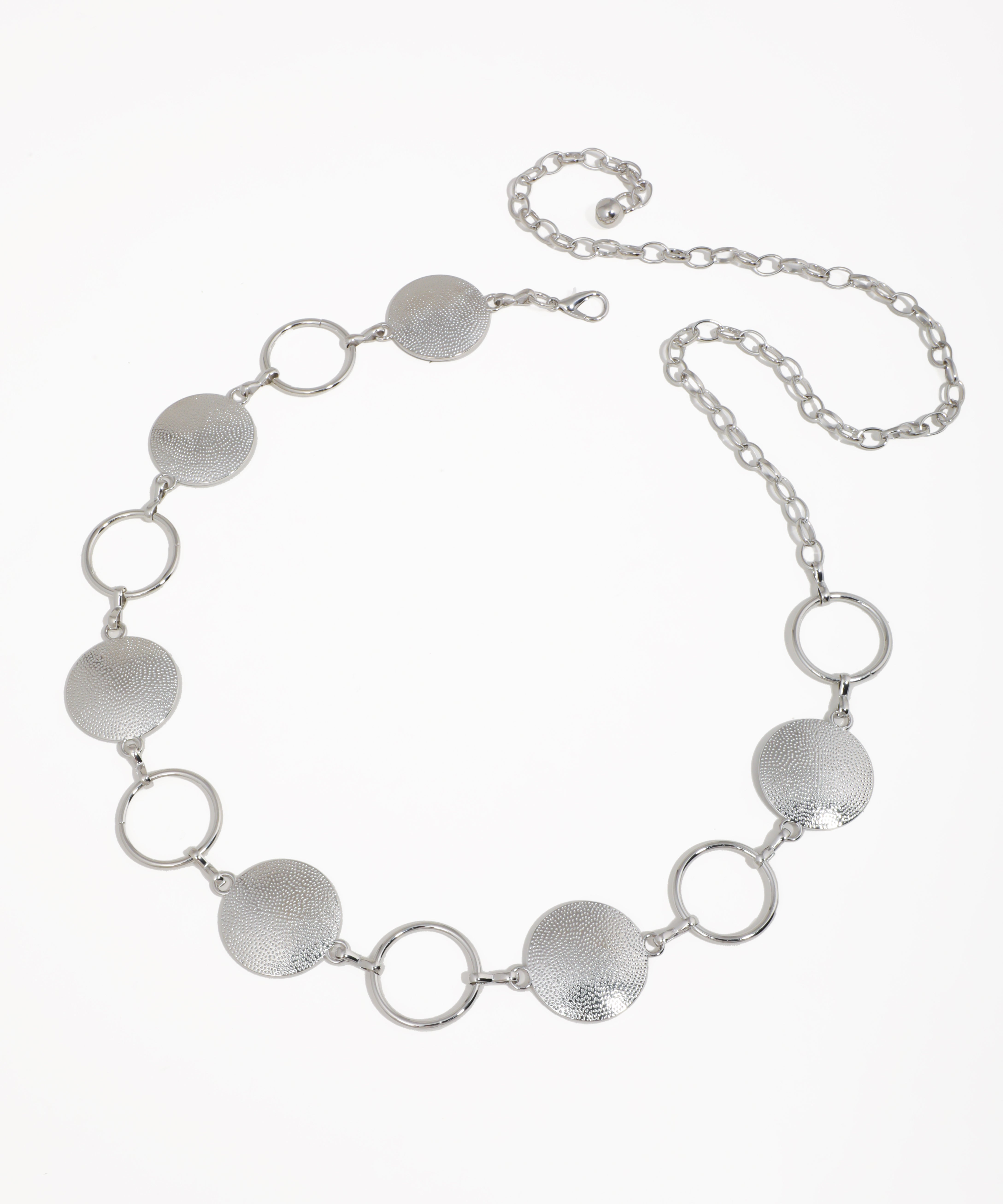 Silver-tone waist chain with textured disc and smooth ring links, lobster clasp