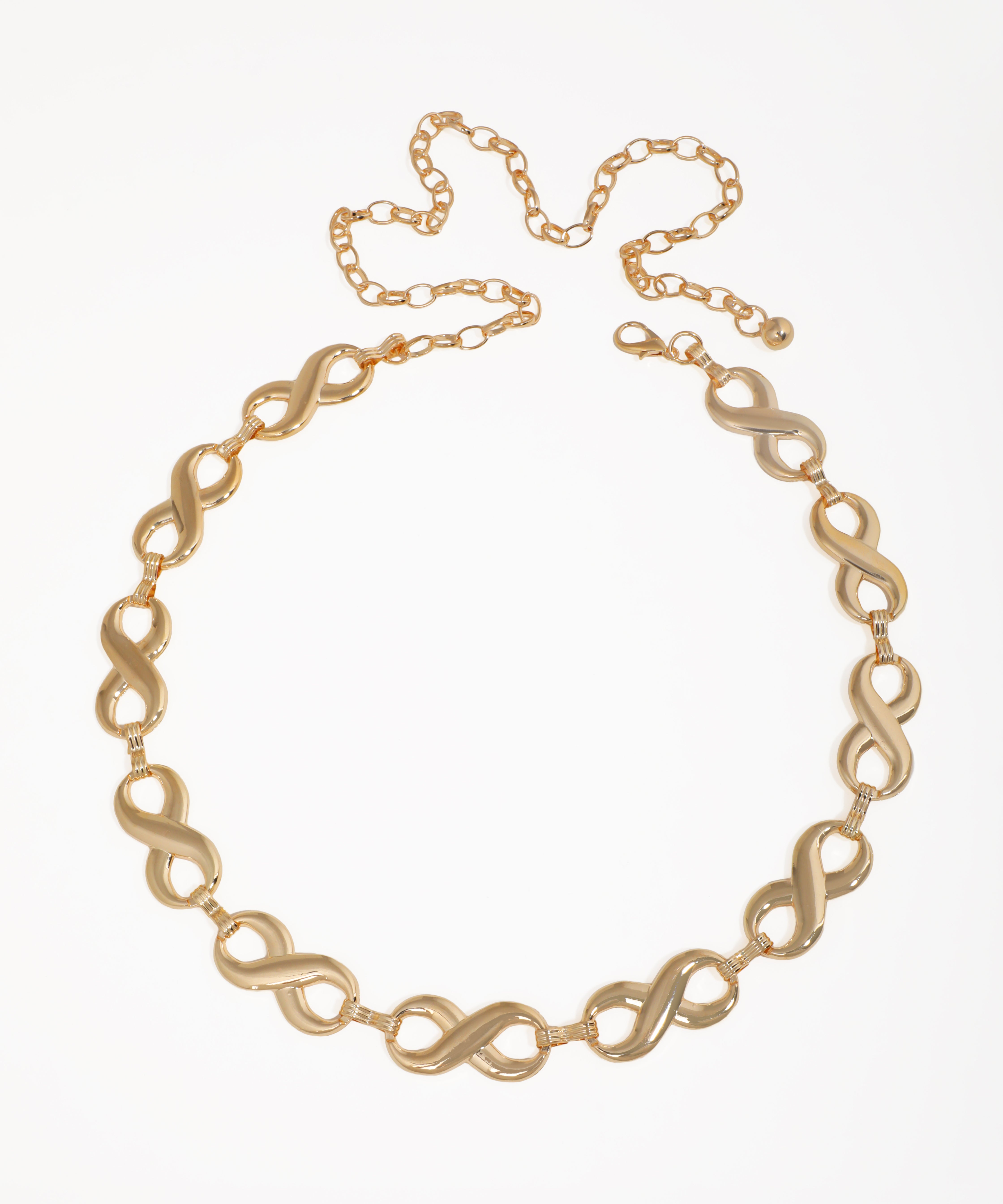 Gold-tone waist chain with interlinked infinity symbol design and adjustable clasp
