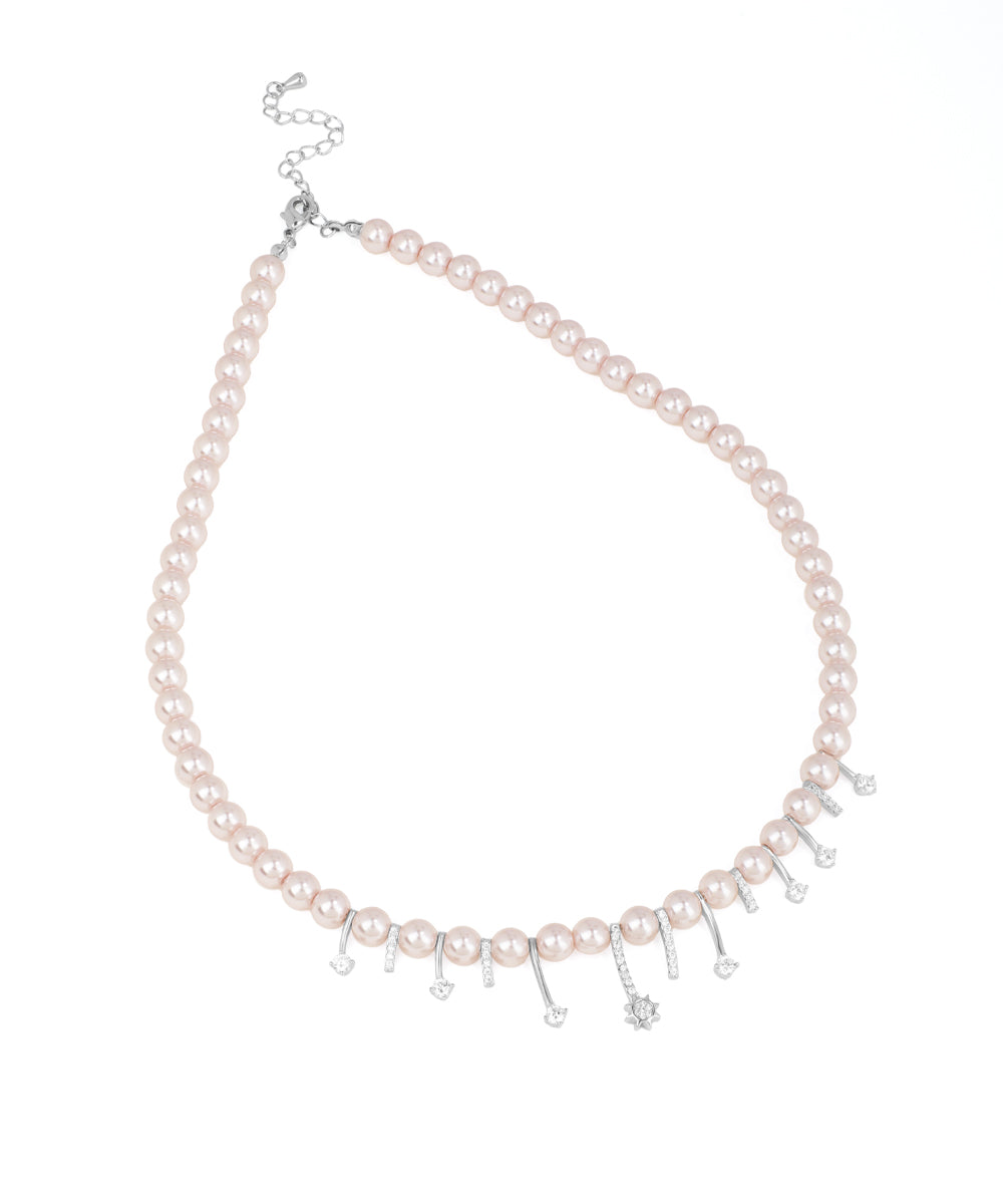 Rhodium finish necklace with blush faux pearls and dangling CZ crystal elements