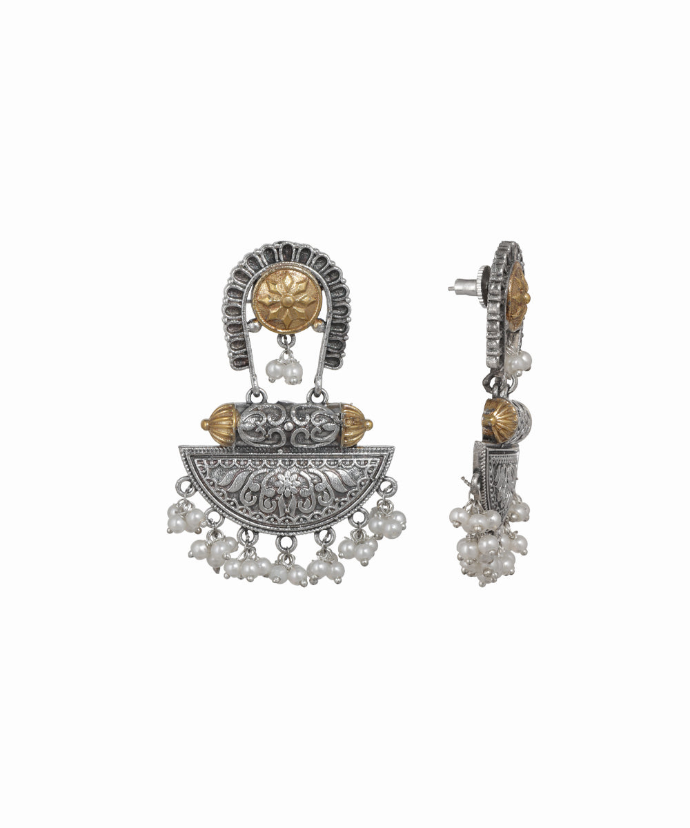 Oxidised silver-tone earrings with gold-tone floral motif and small faux pearl drops