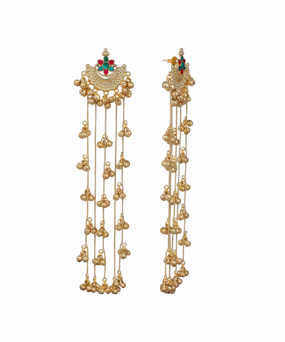 Gold-tone Kashmiri Jhumka drop earrings with crescent top, multi-chains of bell beads, and red and green stones