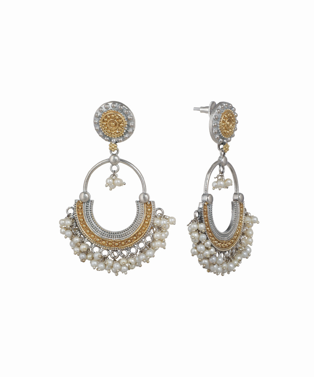 Silver-tone and gold-tone oxidised drop earrings with faux pearls and textured crescent design