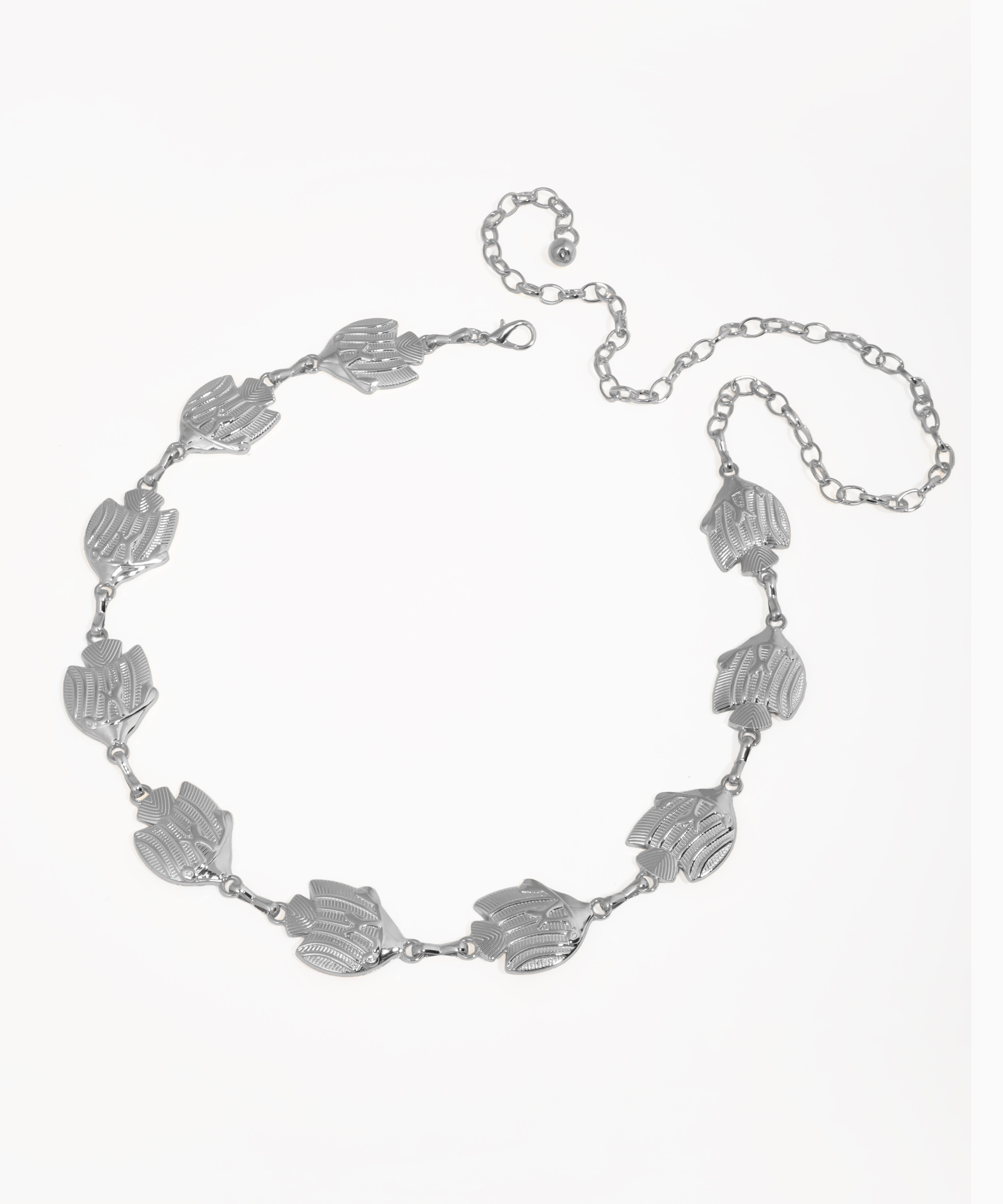 Silver necklace with hand-shaped links on a white background