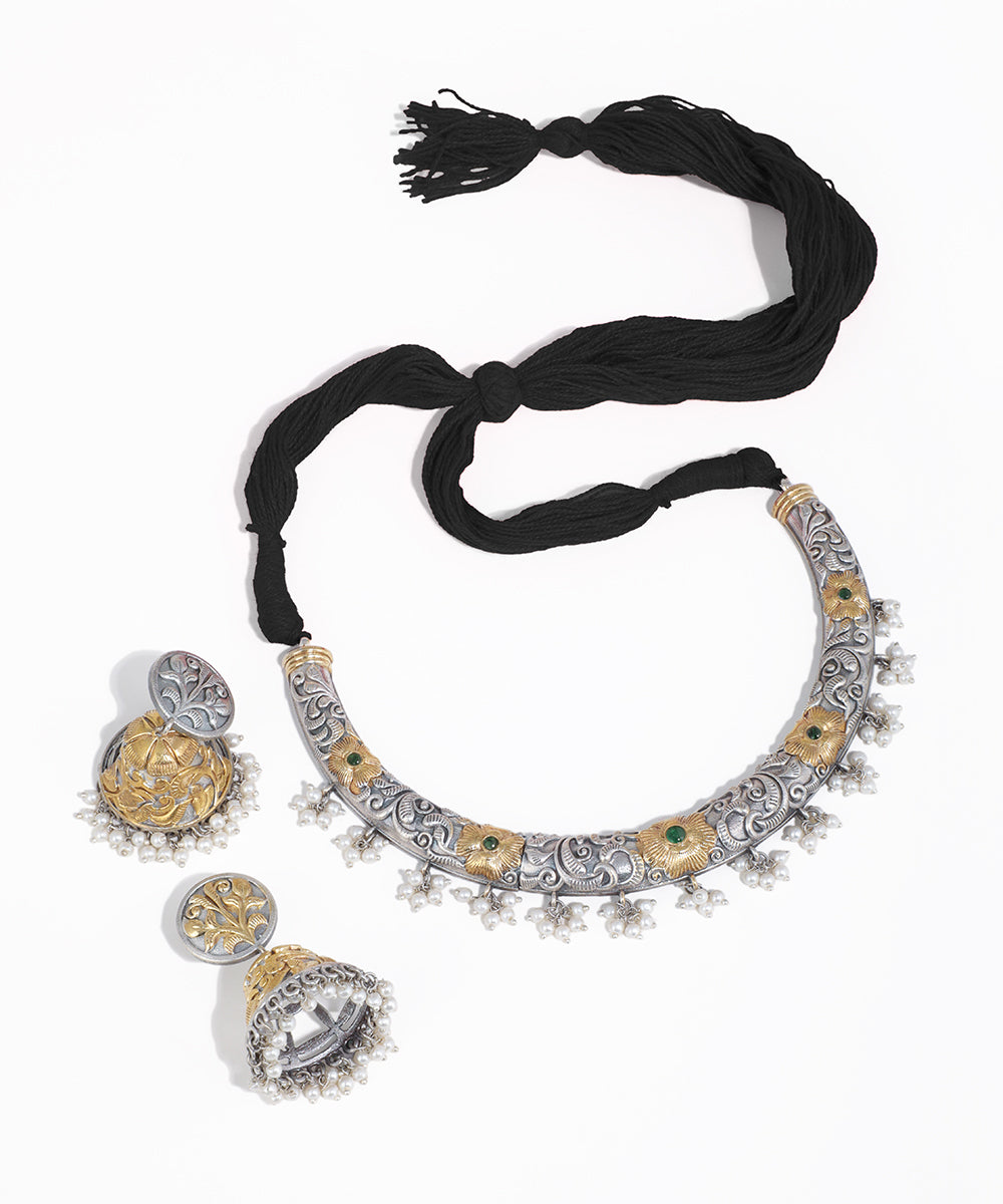 Floral Dual Tone Oxidised Necklace with Earrings | Stylika
