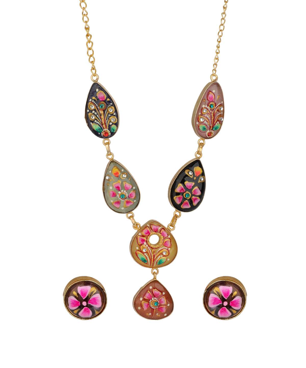 Gold-toned statement necklace with three teardrop-shaped and oval enamel pendants, plus three matching round drop earrings, featuring pink, green, and orange floral details on a white background.