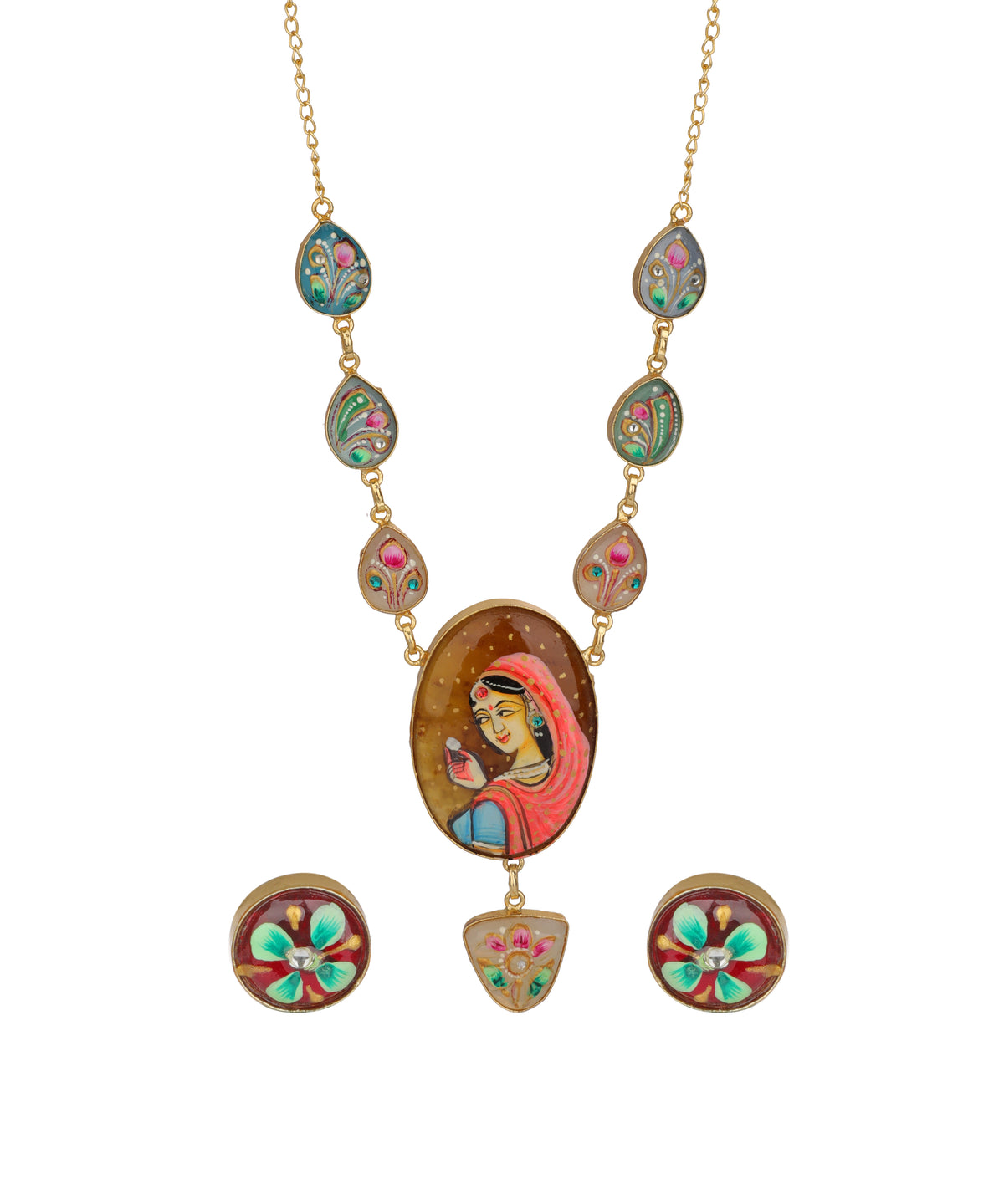 Gold-plated necklace and matching stud earrings featuring hand-painted oval and teardrop motifs with traditional Indian folk art designs in pink, green, and red on a white background.