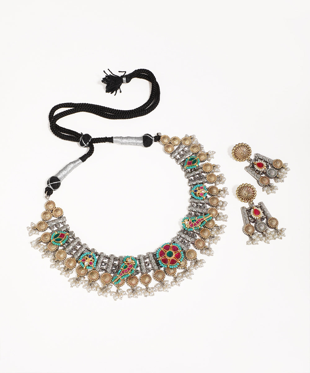 Oxidised silver-tone and gold-tone necklace set with colorful enamel work and faux pearl drops