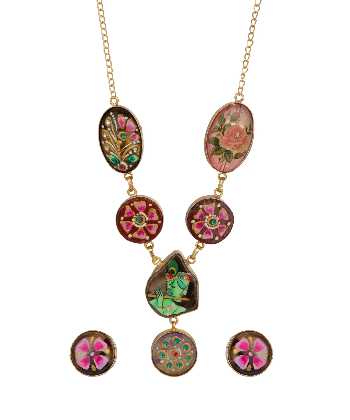 A gold-tone necklace with three oval and three round enamel medallions featuring pink roses and floral patterns, shown with matching stud earrings on a plain white background.