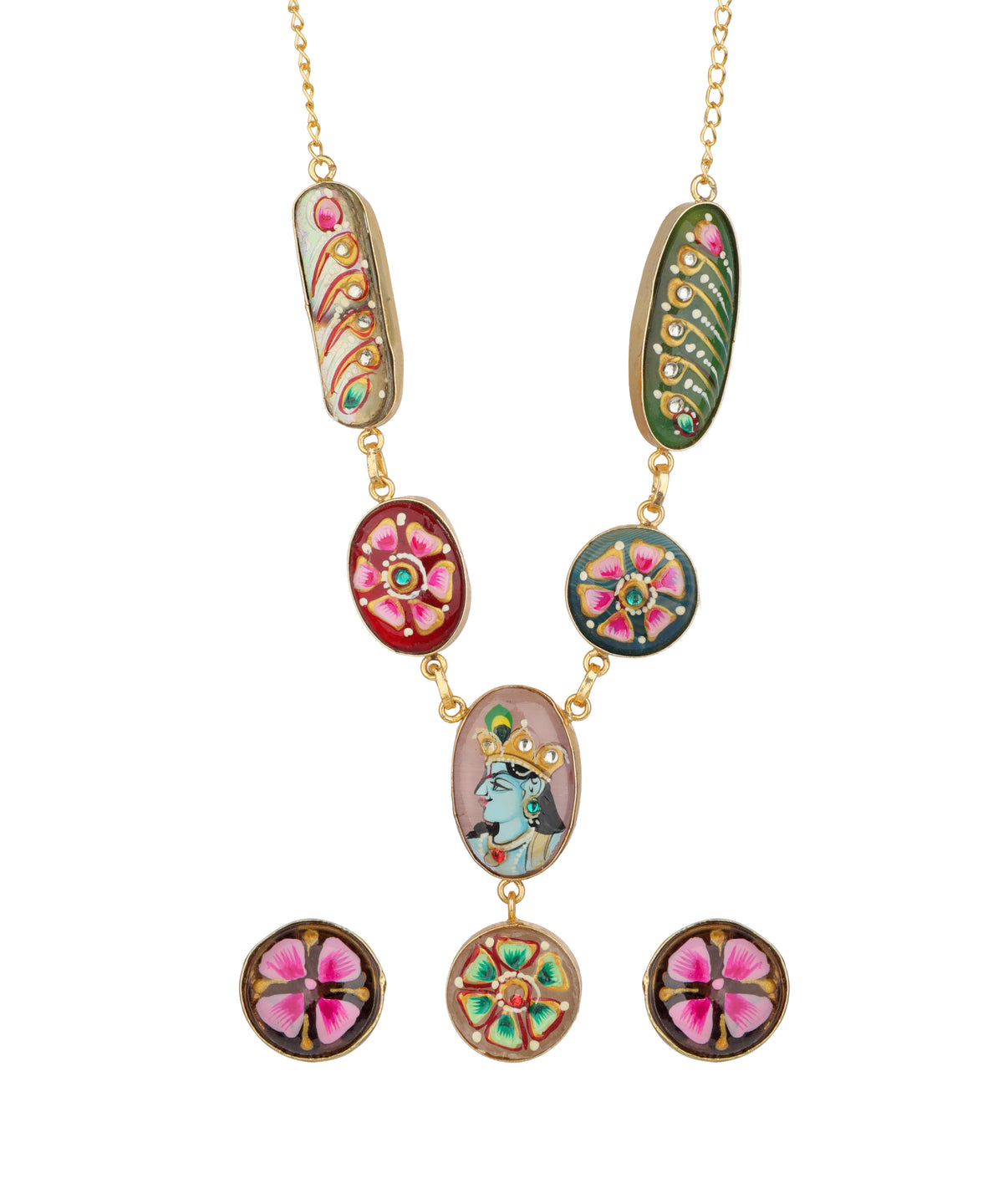 Gold-plated necklace and matching stud earrings featuring colorful, hand-painted enamel motifs including floral designs, paisley, and a central figure, set against a plain white background.