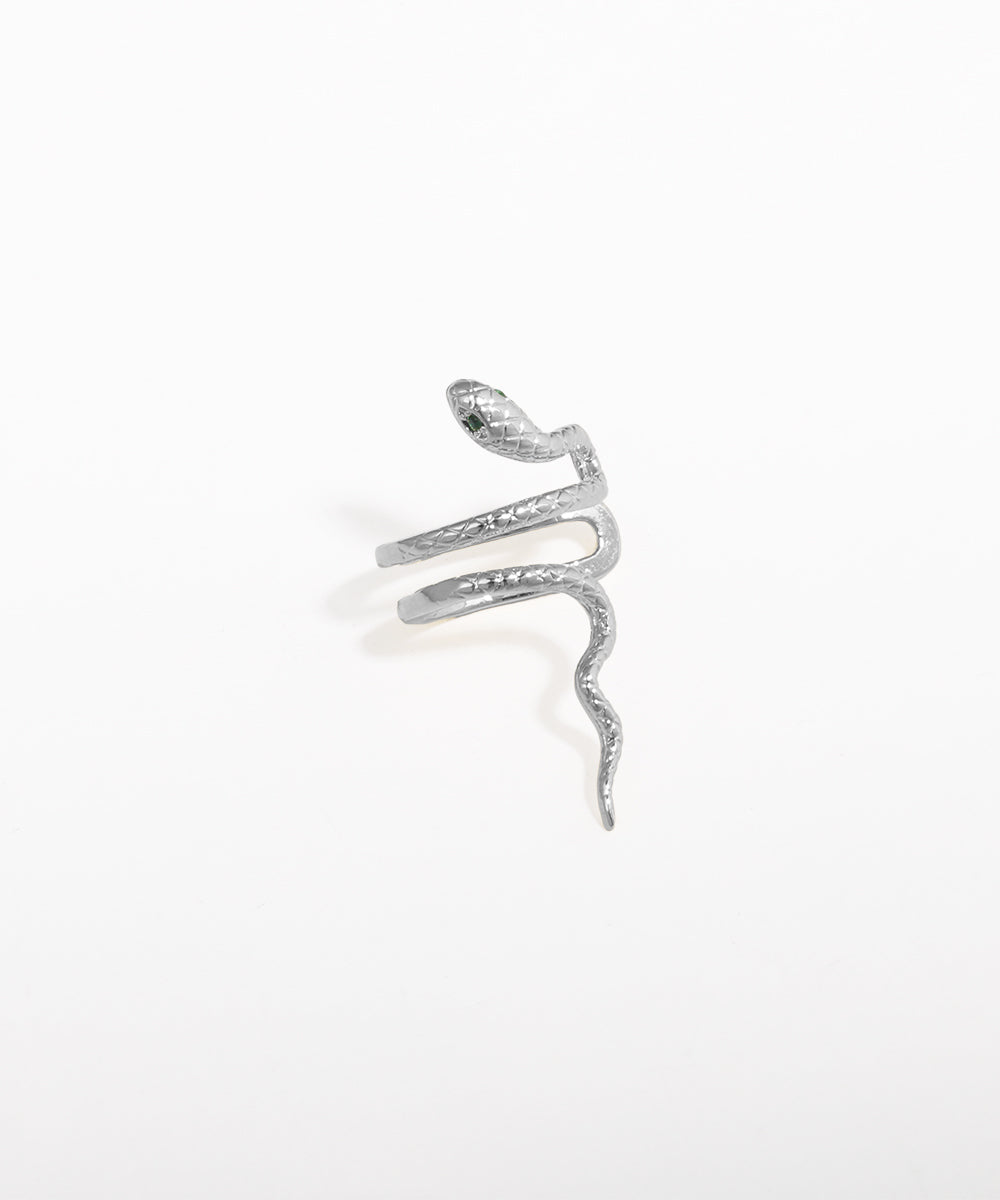 Silver snake-shaped earring on a white background