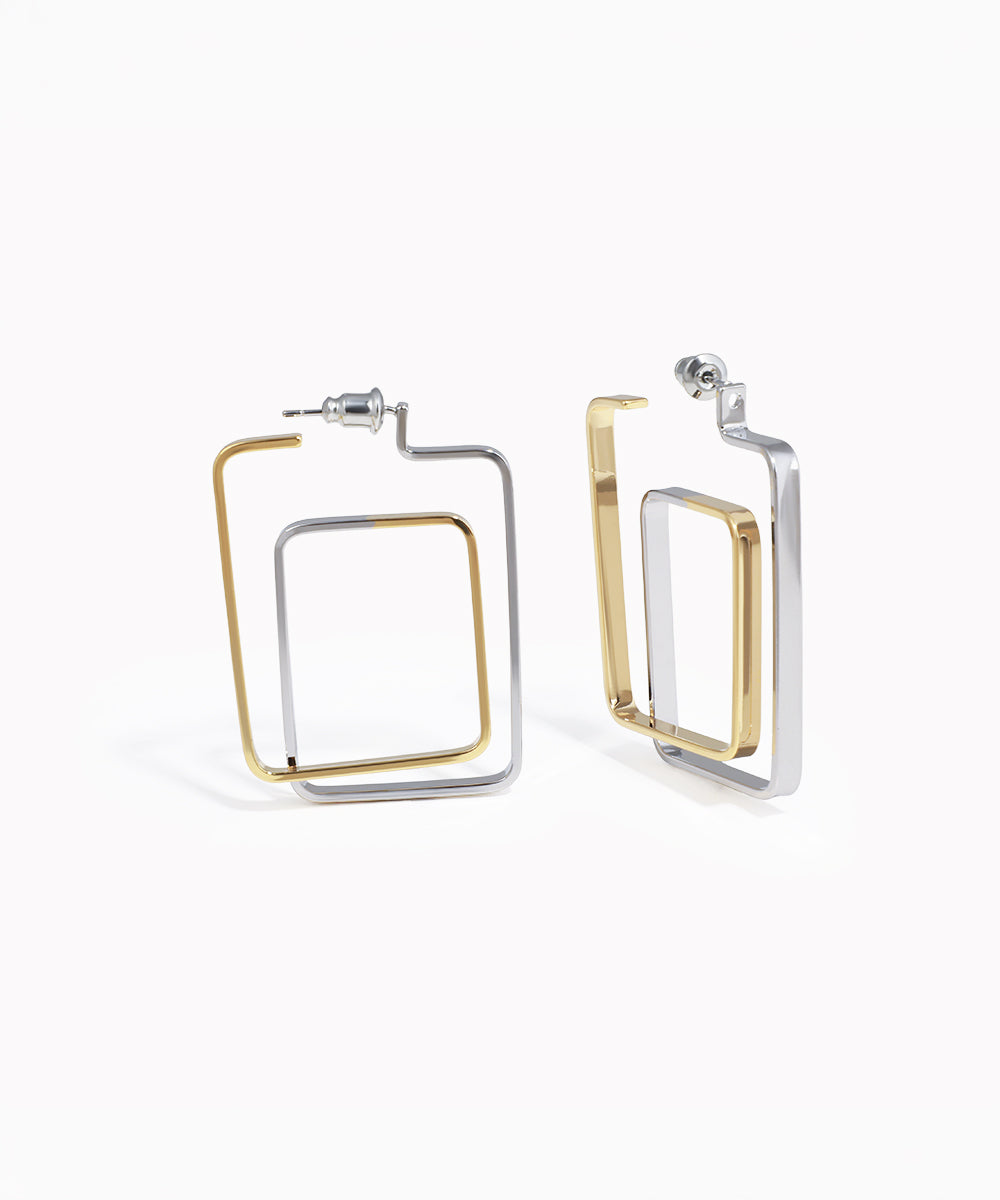 Bi-tone geometric square hoop earrings with interlocked gold-tone and silver-tone frames