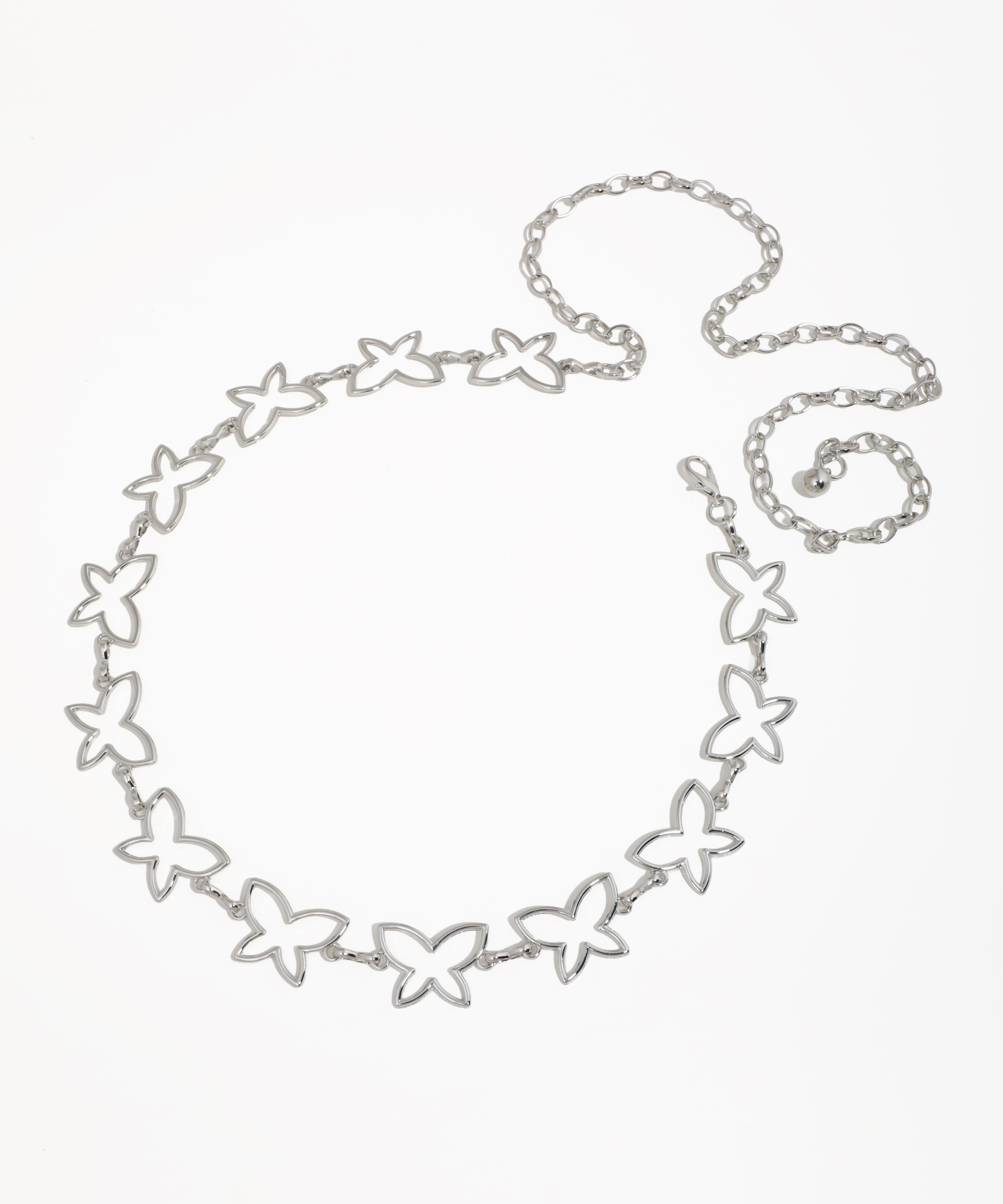 Silver-tone waist chain with continuous cutout butterfly links and adjustable lobster clasp