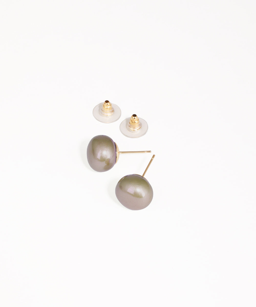 Gold-tone stud earrings with round grey-green faux pearls