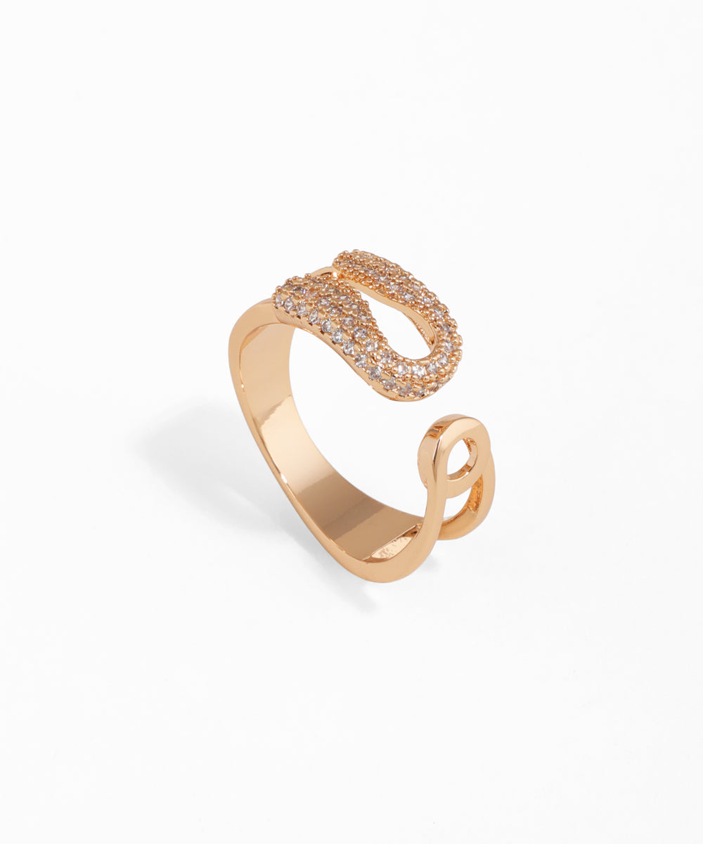 Gold open ring with diamond accents on a white background